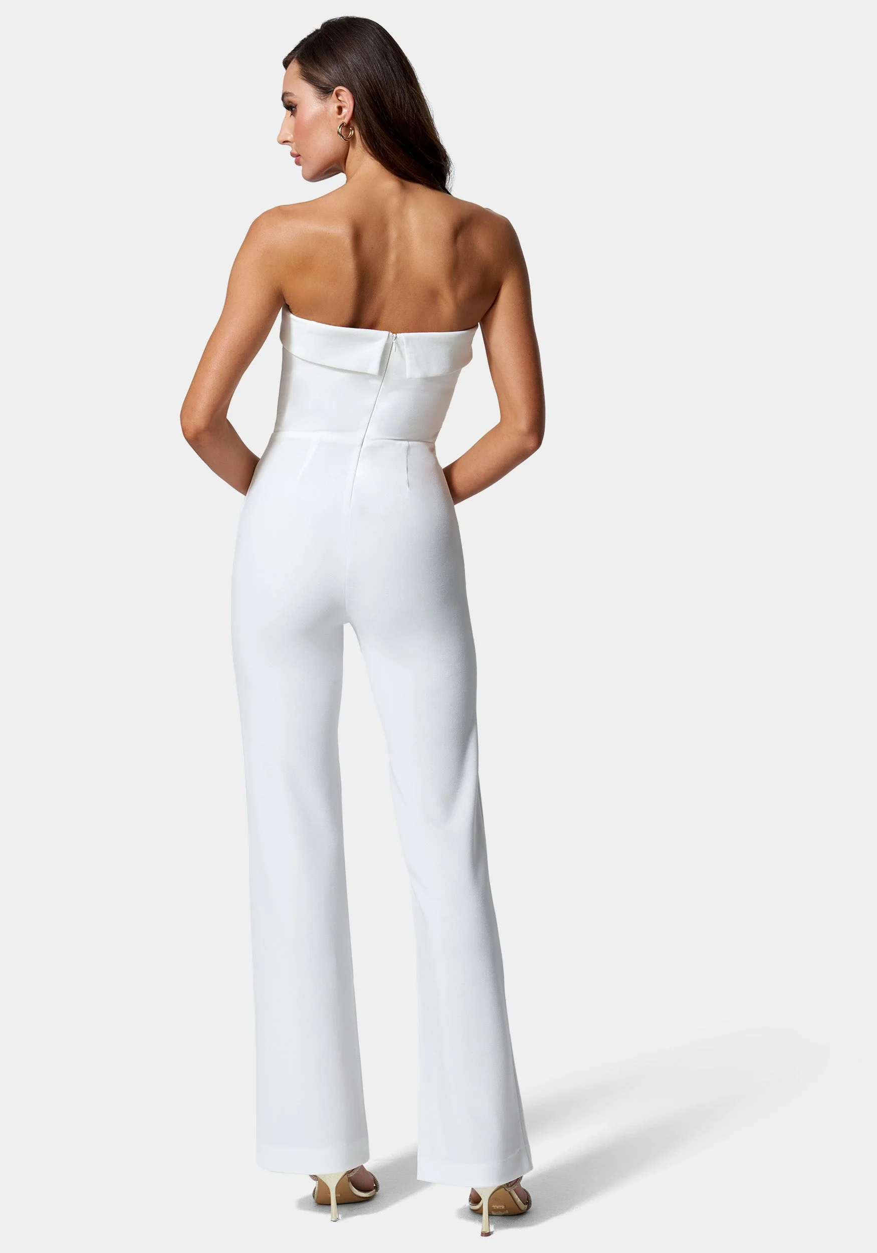 Knit Crepe Strapless Button Detail Wide Leg Jumpsuit - Image 3