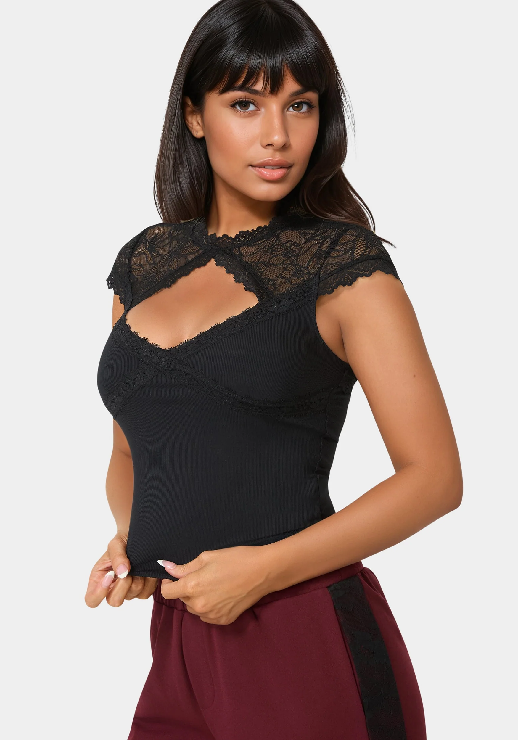 Lace Cap Sleeve Rib Knit Top - Image 3
