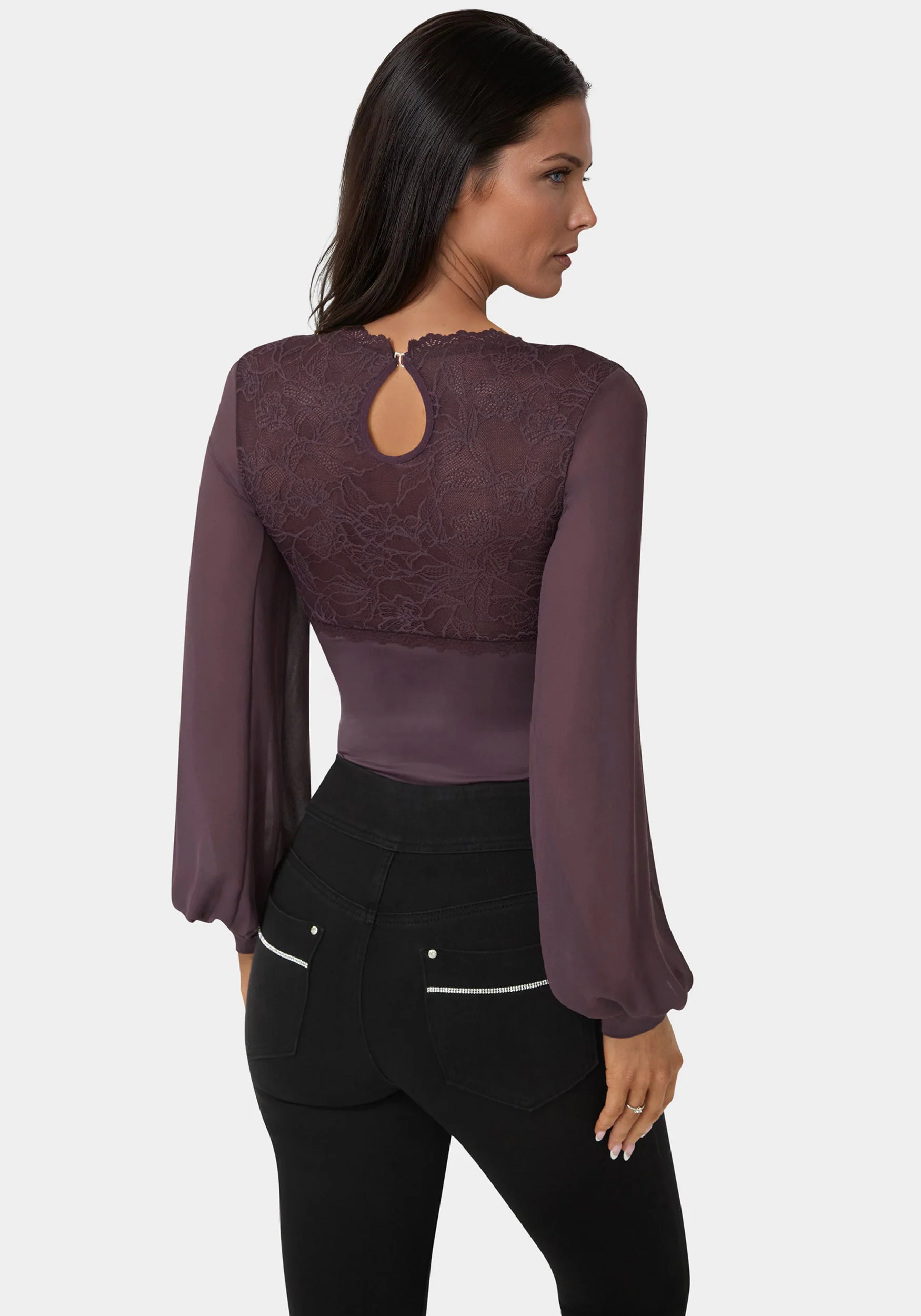 Lace Chiffon Long Sleeve Bodysuit - Image 2