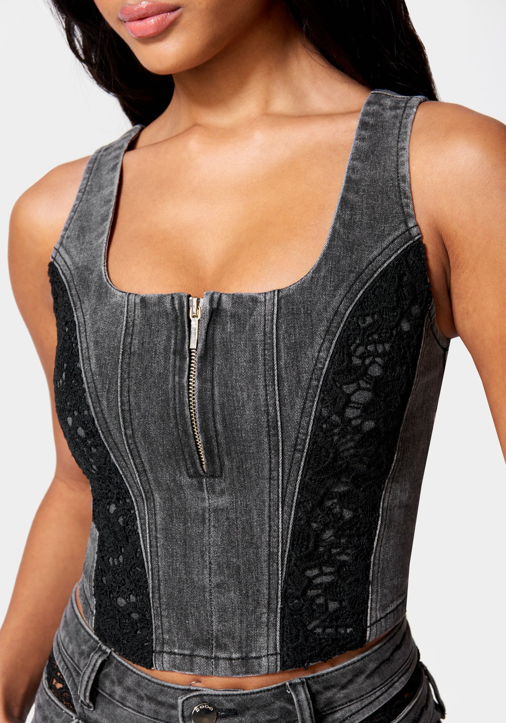 Lace Insert Denim Bustier - Image 4