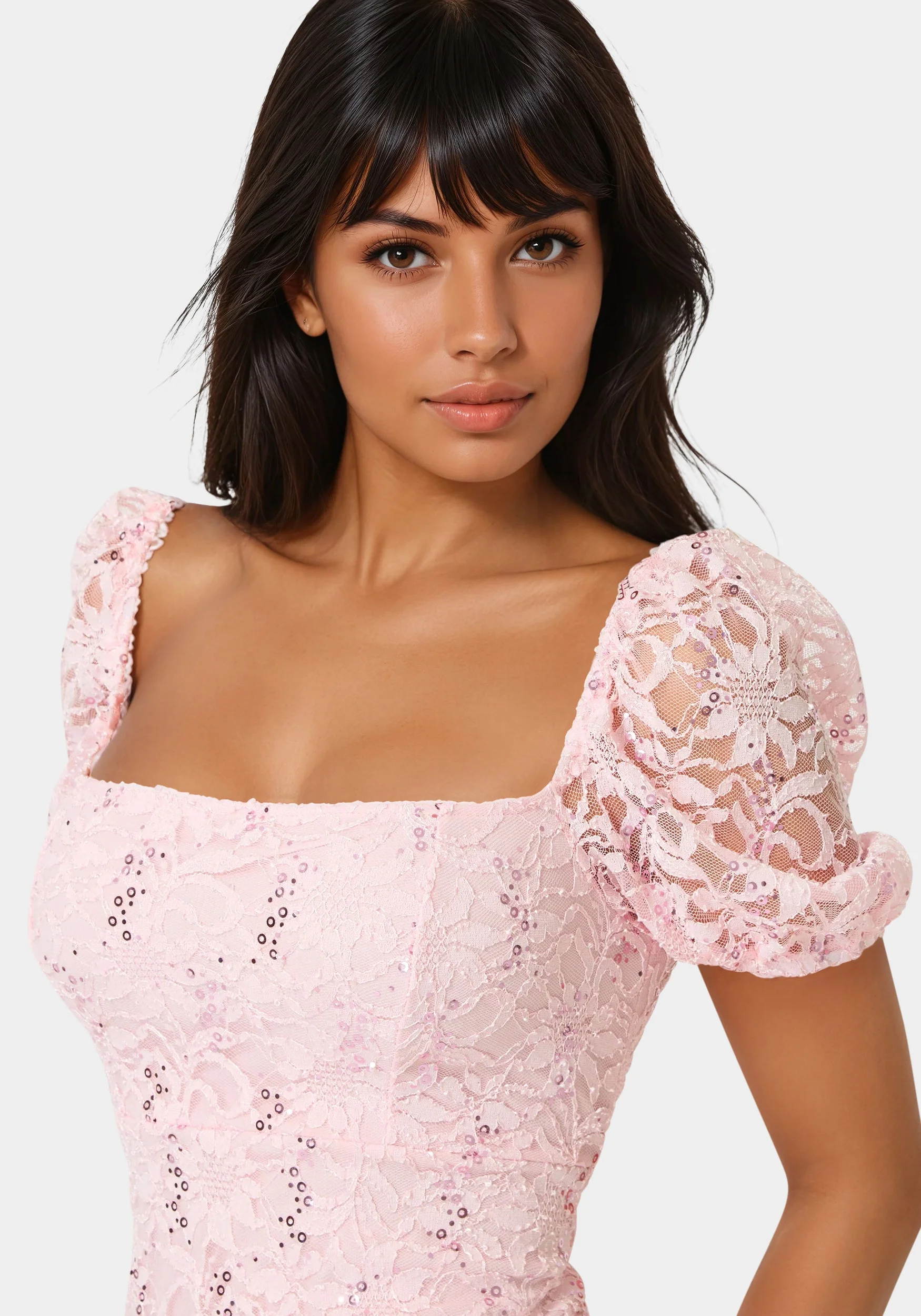 Lace Slim Dress with Puff Sleeves - Image 4