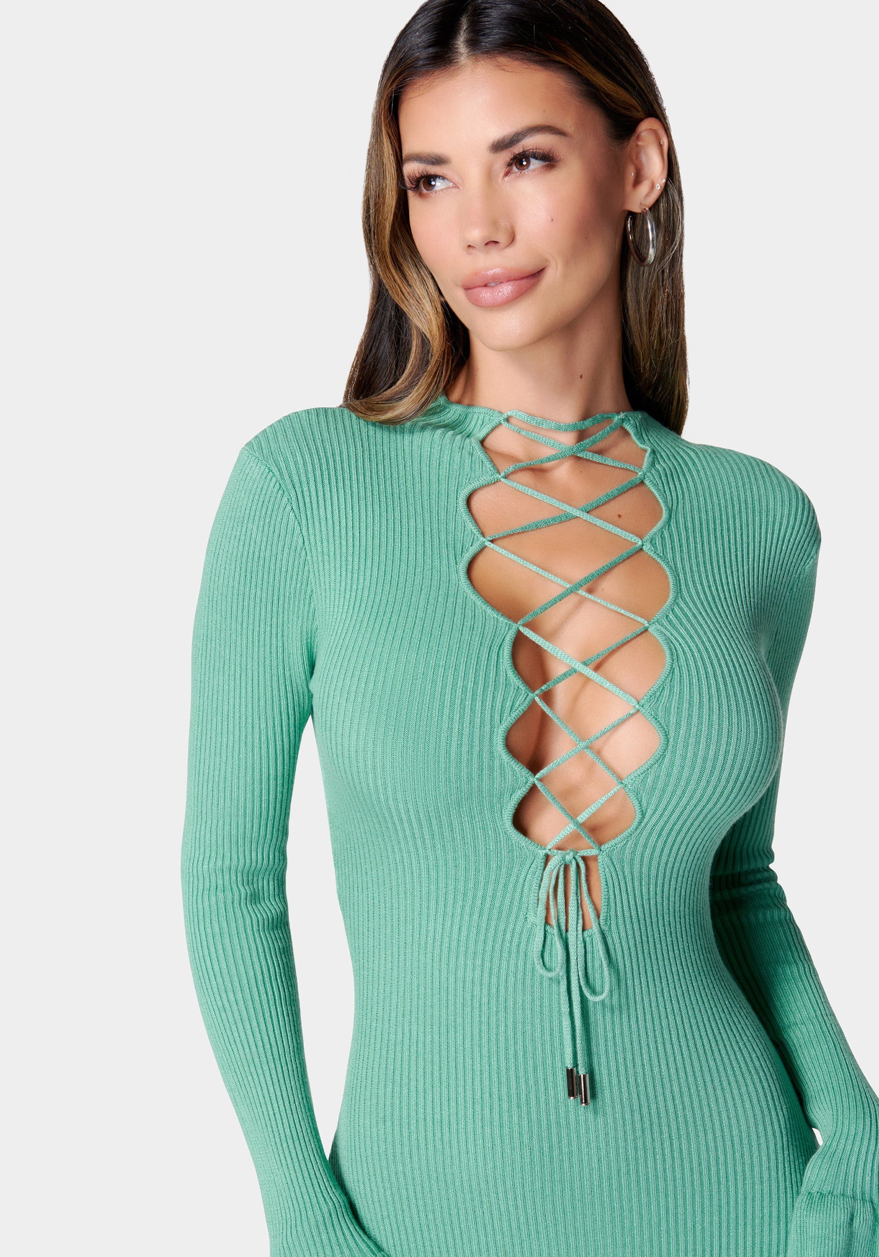 Lace-Up Front Rib Knit Mini Dress - Image 4