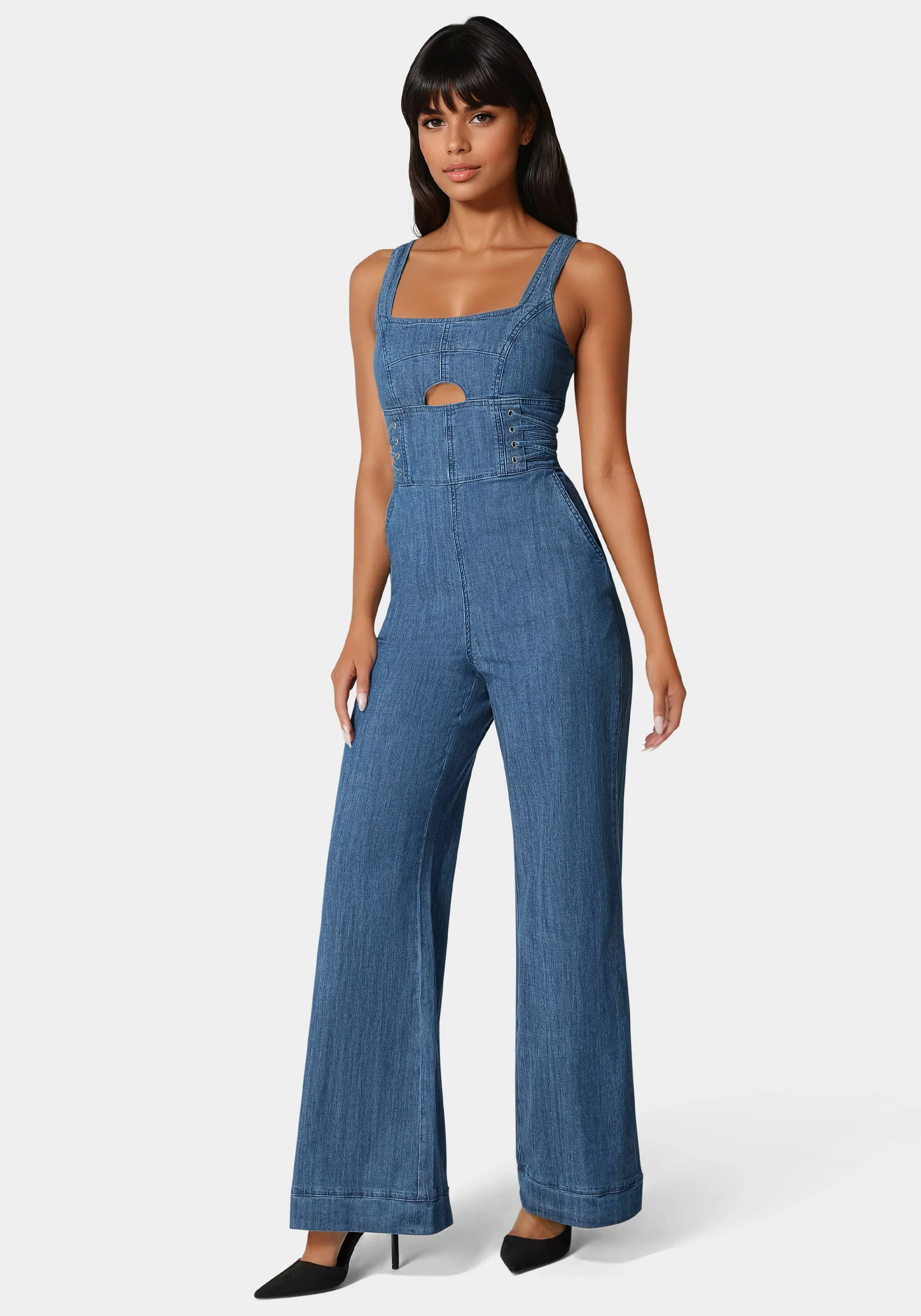Lace Up Wide Leg Denim Jumpsuit - Image 3