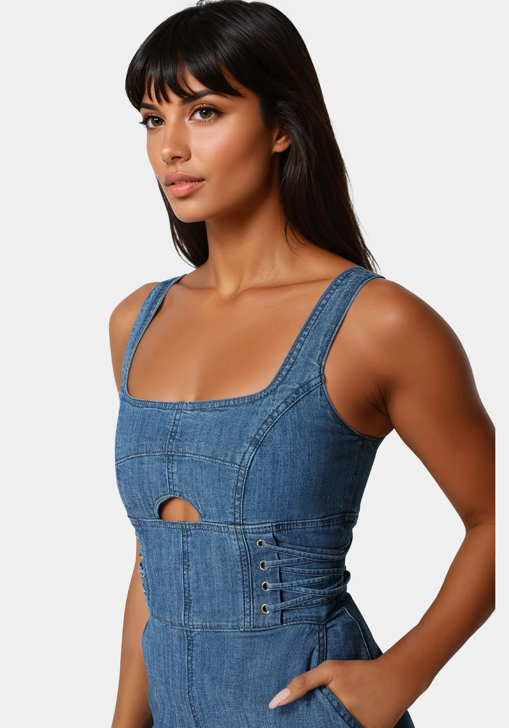 Lace Up Wide Leg Denim Jumpsuit - Image 4