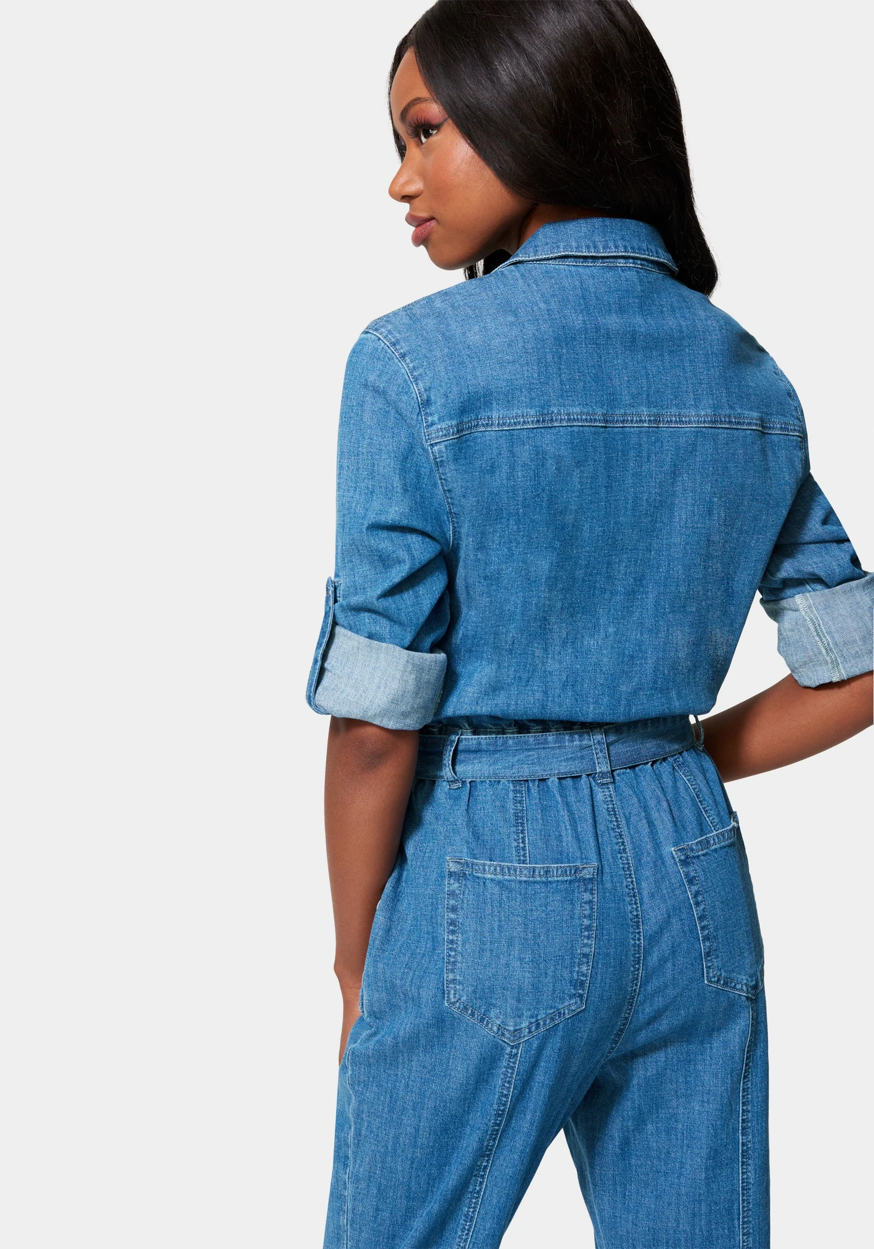 Lightweight Denim Cargo Style Straight Leg Jumpsuit - Image 3
