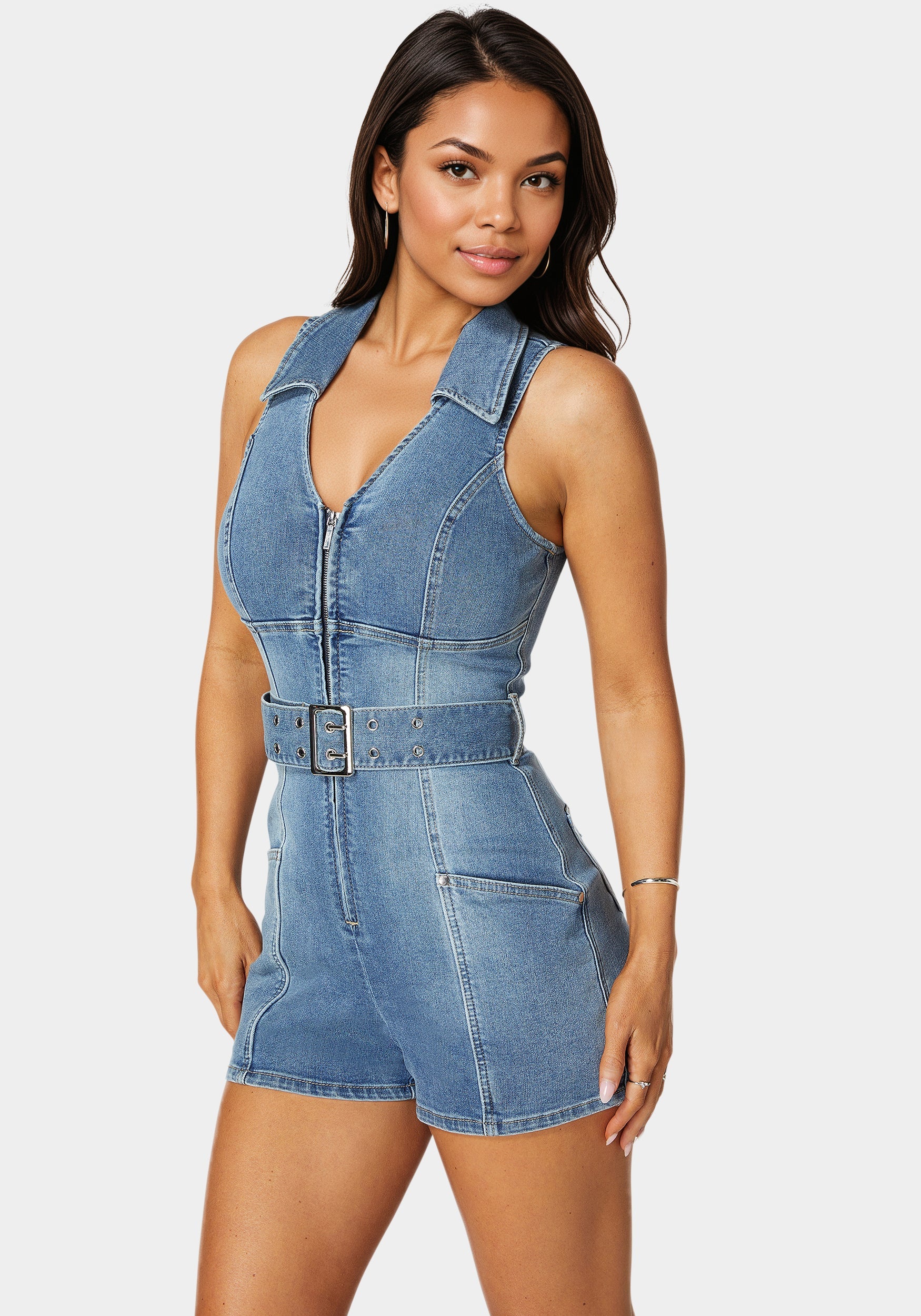 Light Weight Front Zipper Denim Romper - Image 2