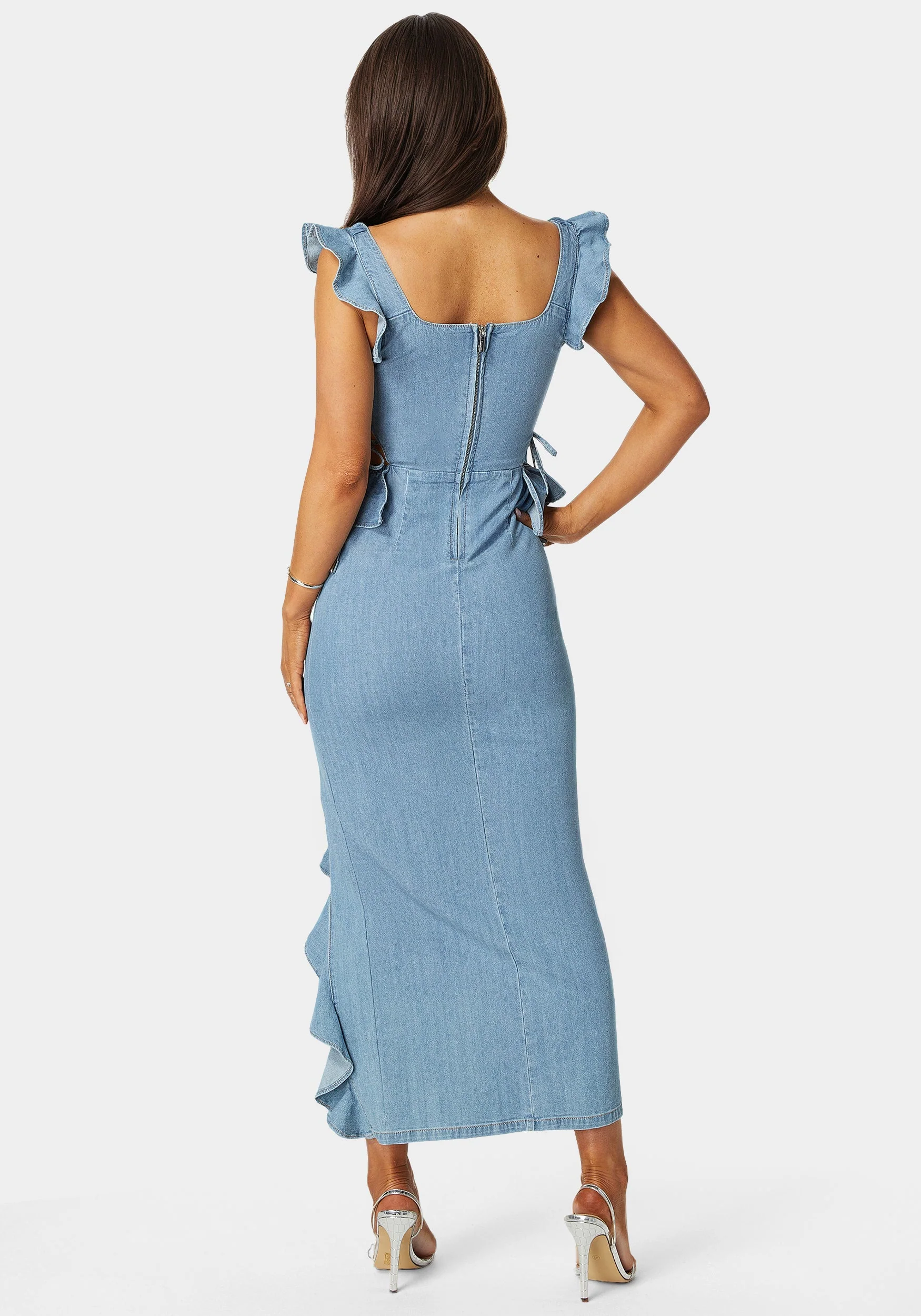 Light Weight Ruffle Detail Denim Dress - Image 3