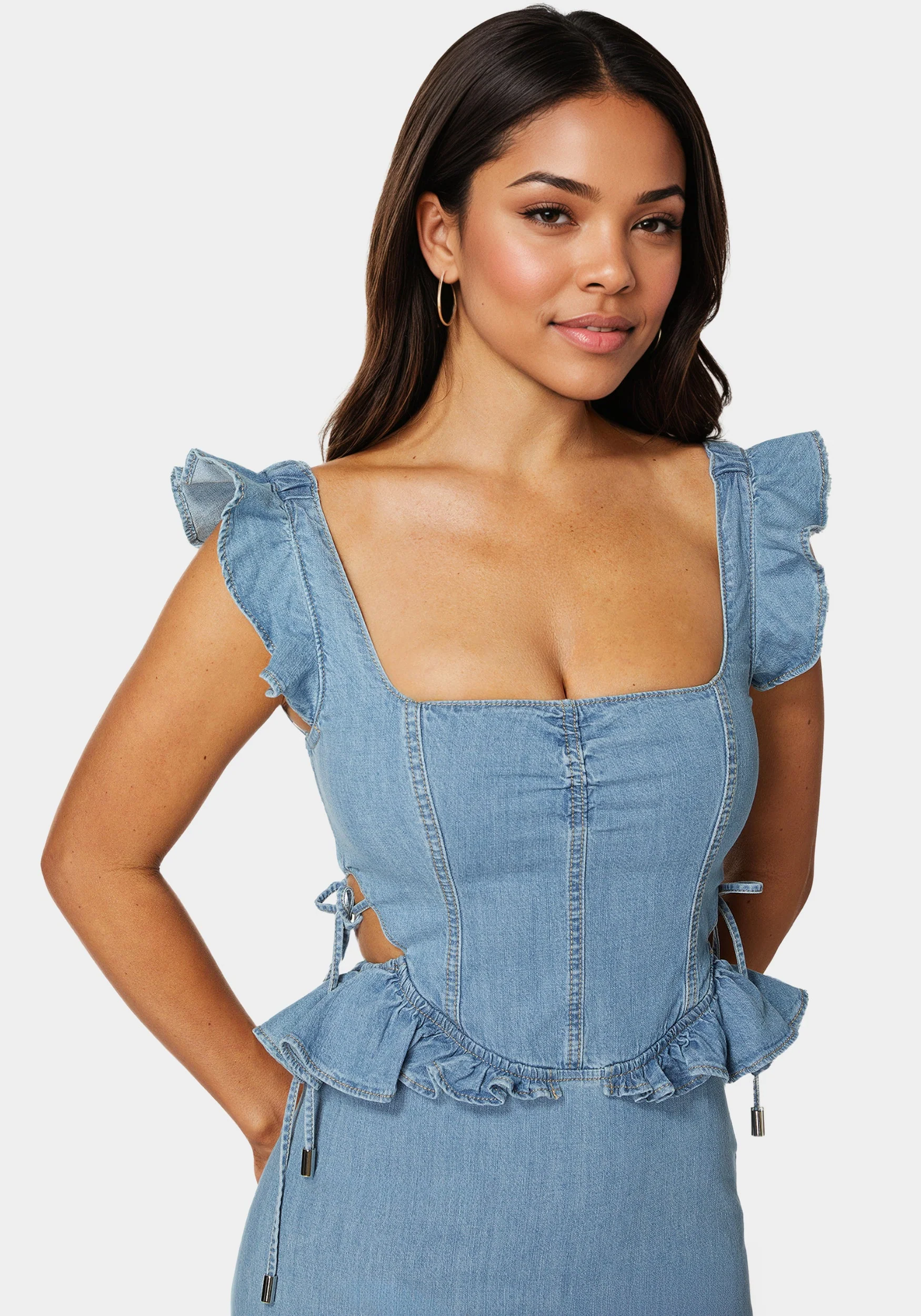 Light Weight Ruffle Detail Denim Dress - Image 4