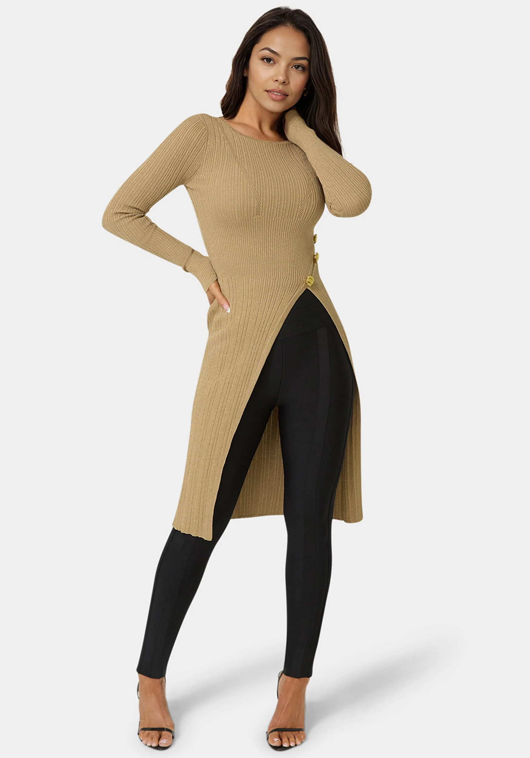 Long Body Side Slit Lurex Sweater Top
