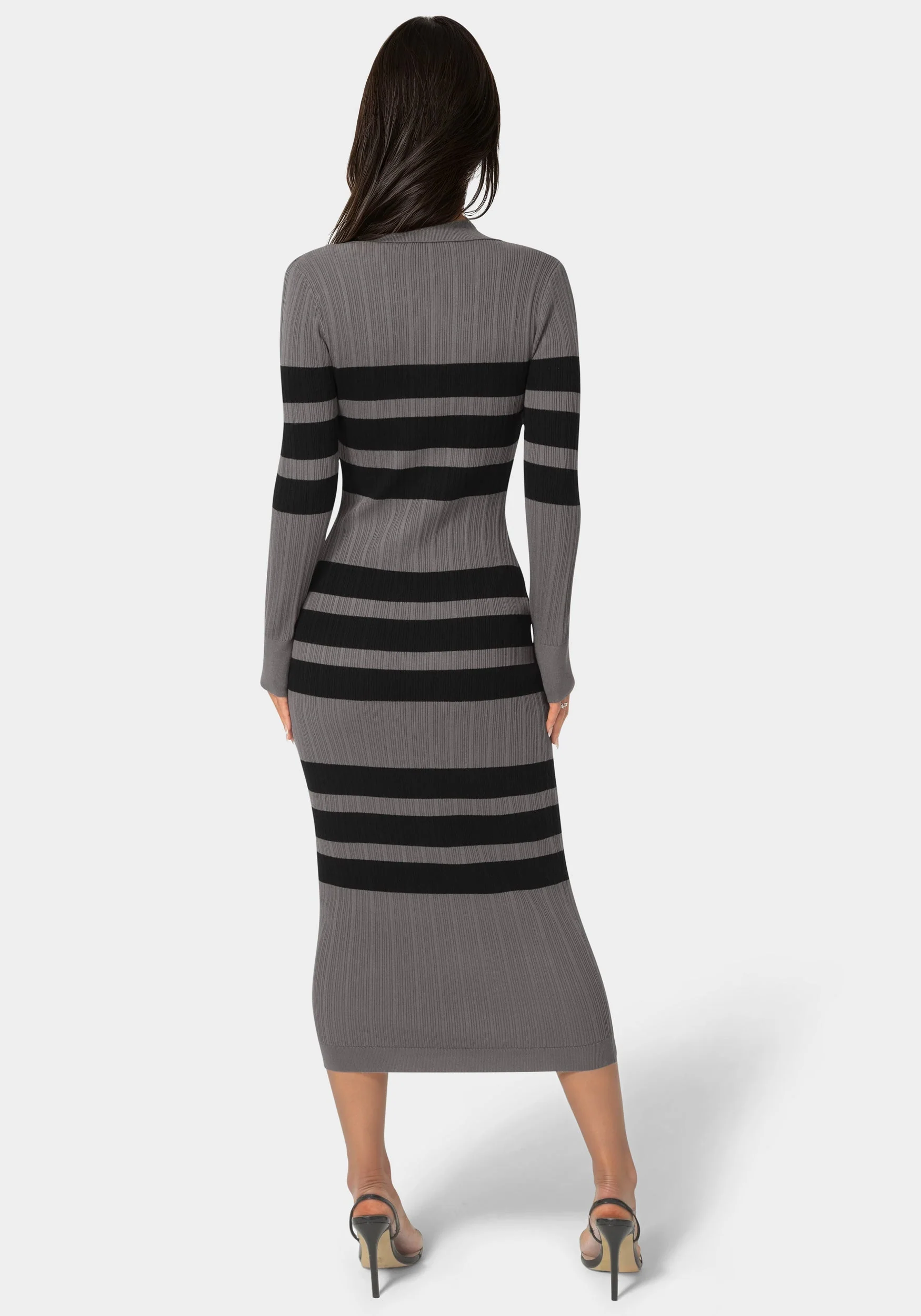 Long Sleeve Collared Striped Knit Dress - Image 3