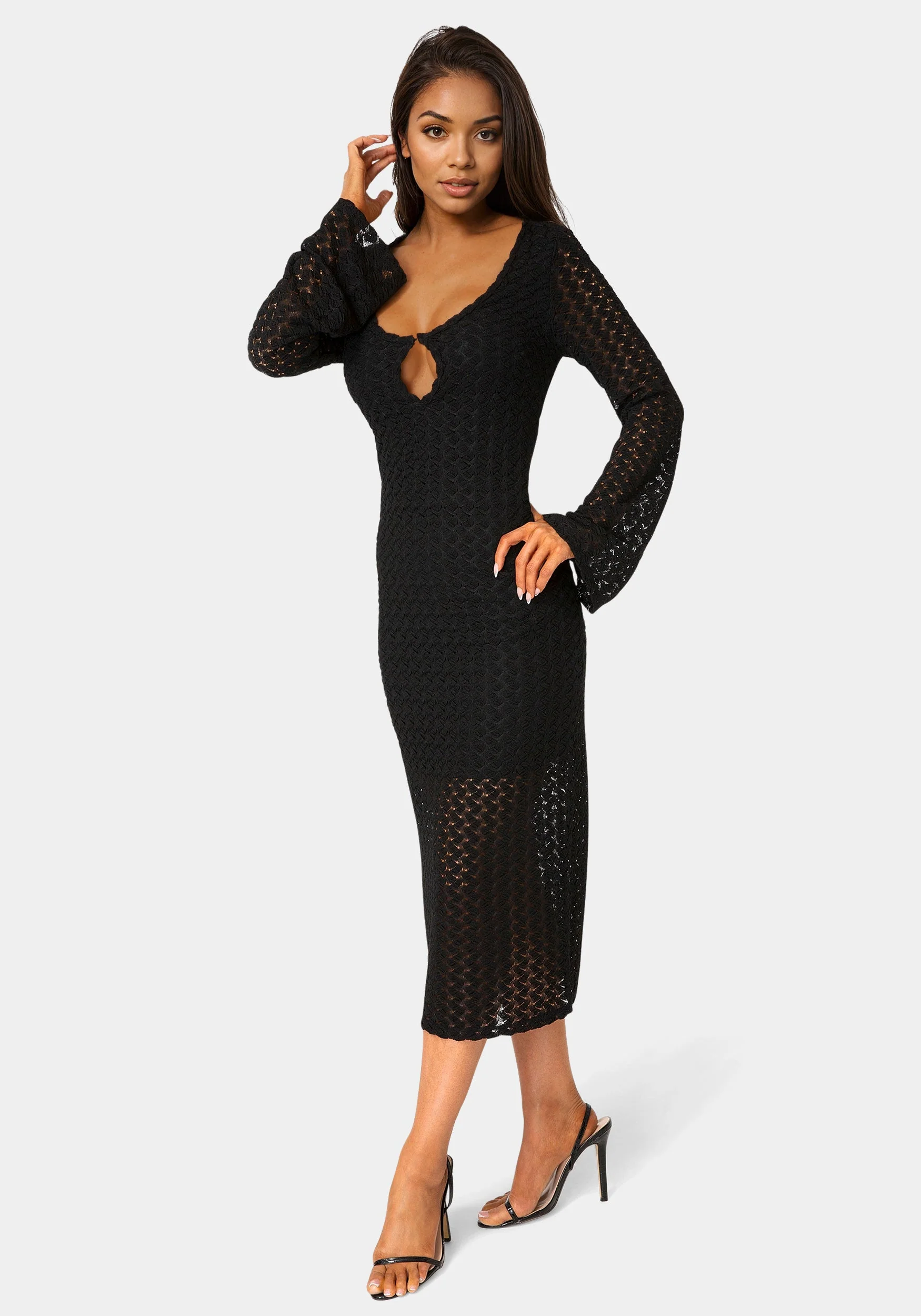 Long Sleeve Cutout Crochet Maxi Dress - Image 2