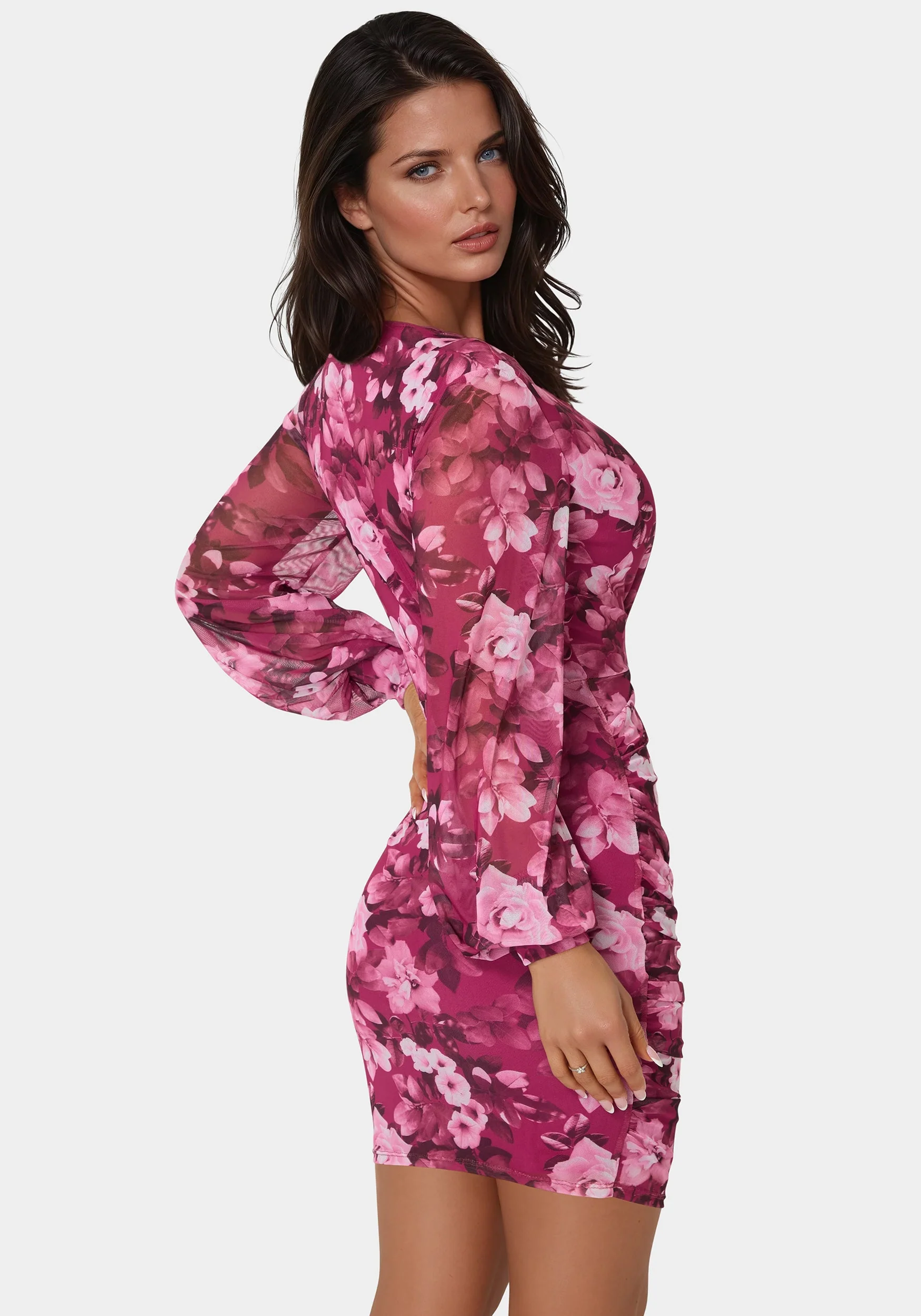 Long Sleeve Faux Wrap Ruched Mini Dress - Image 3