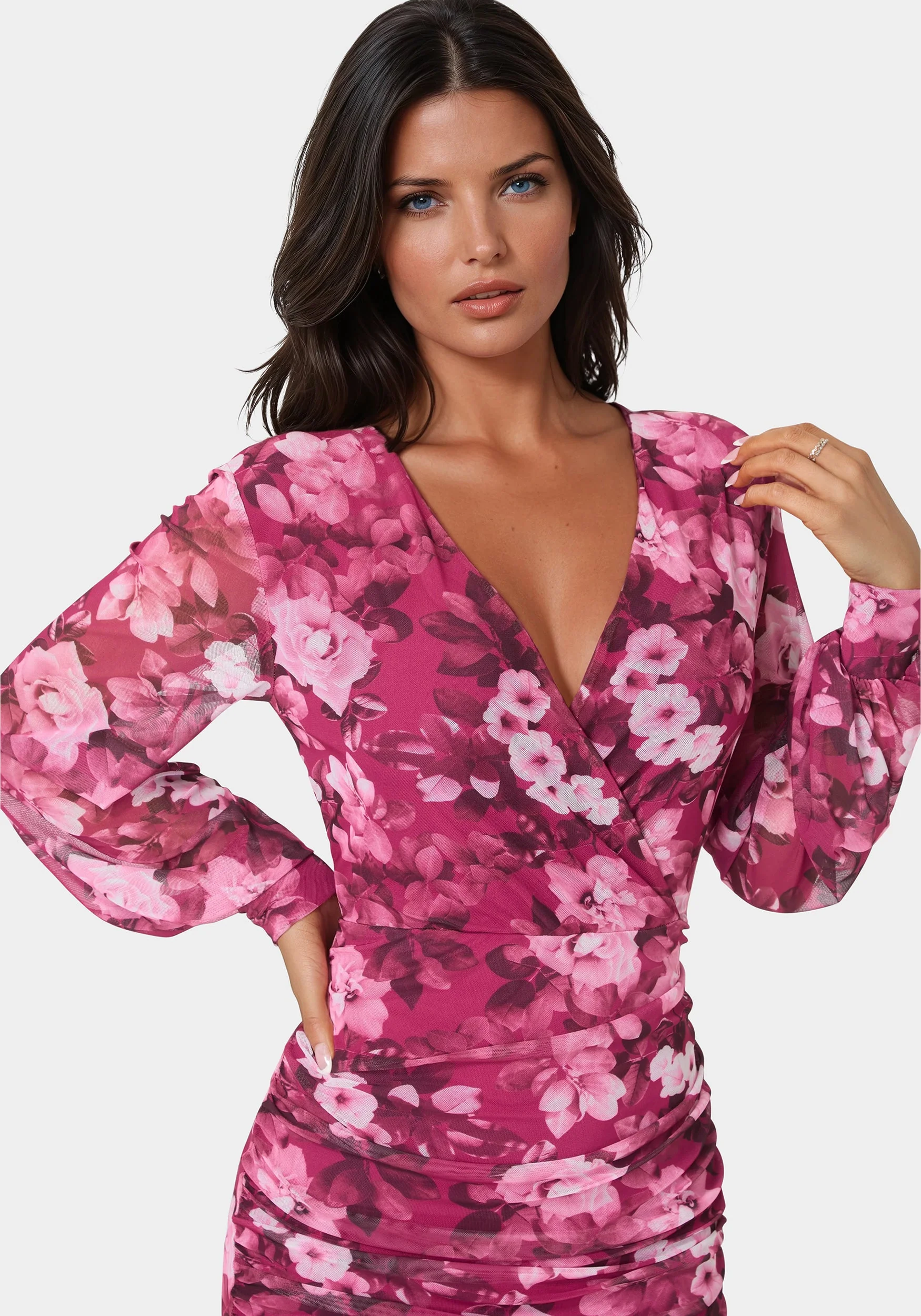 Long Sleeve Faux Wrap Ruched Mini Dress - Image 4