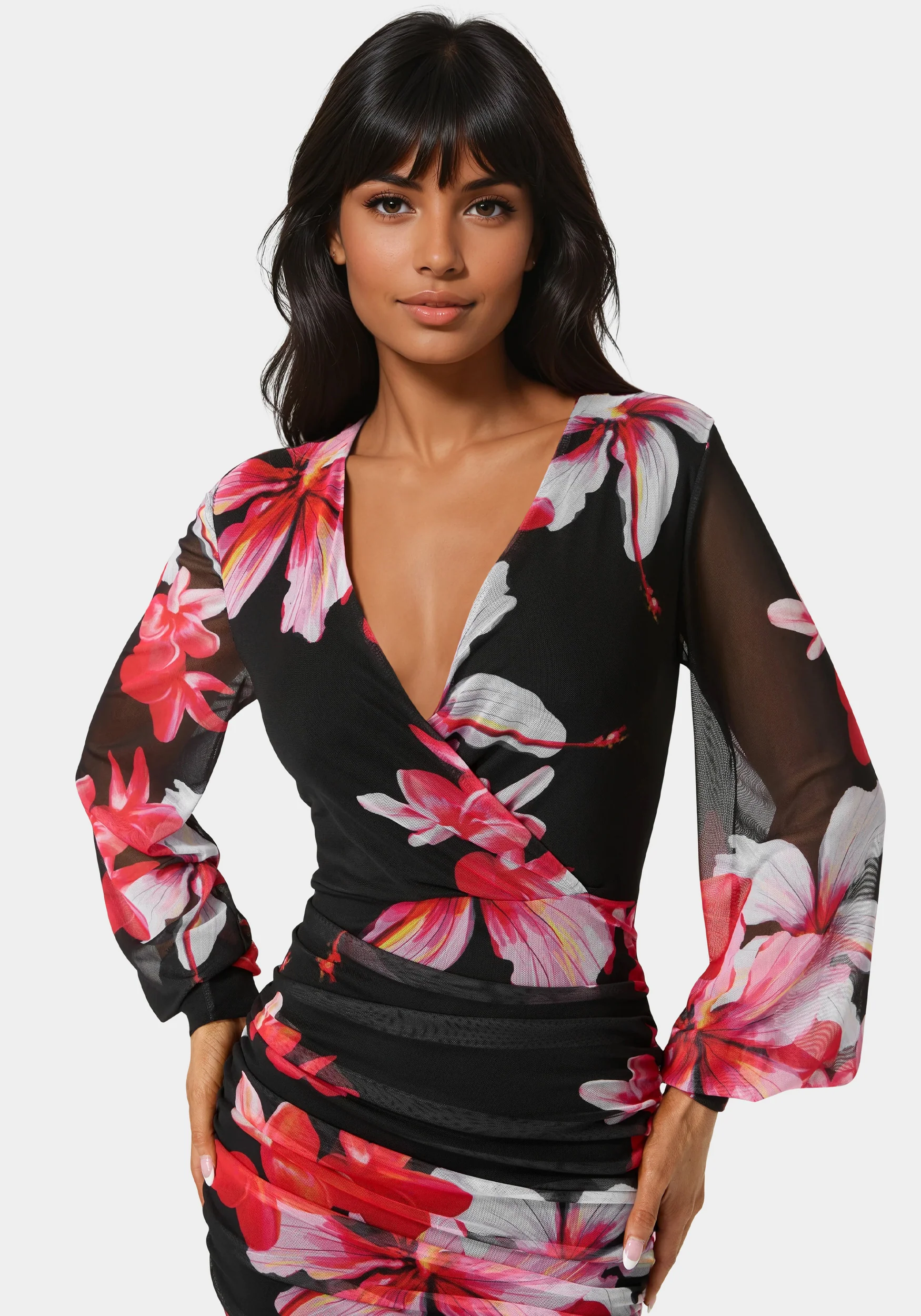 Long Sleeve Ruched Mesh Mini Dress - Image 3