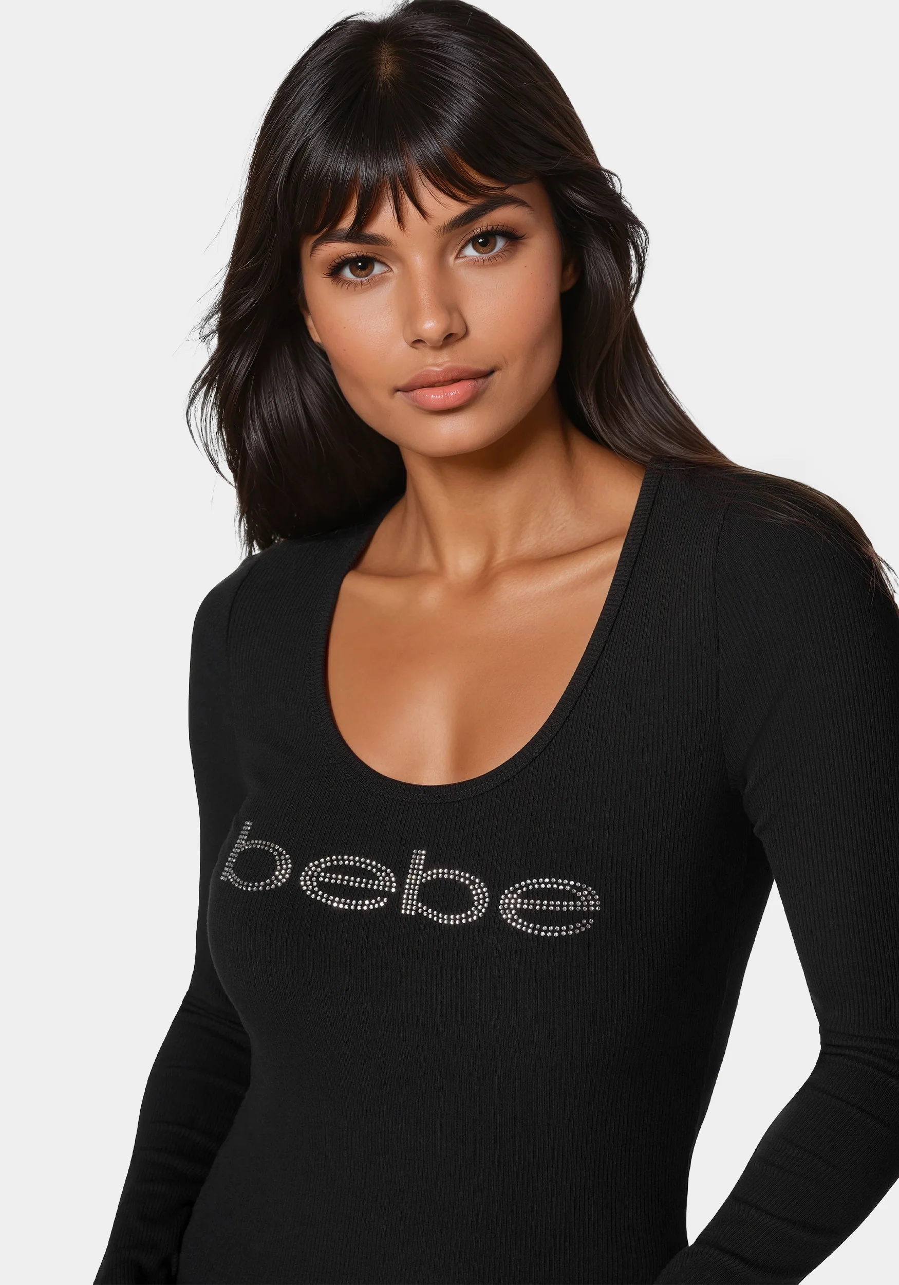 Long Sleeve Scoop Neck Bebe Logo Rib Top - Image 2