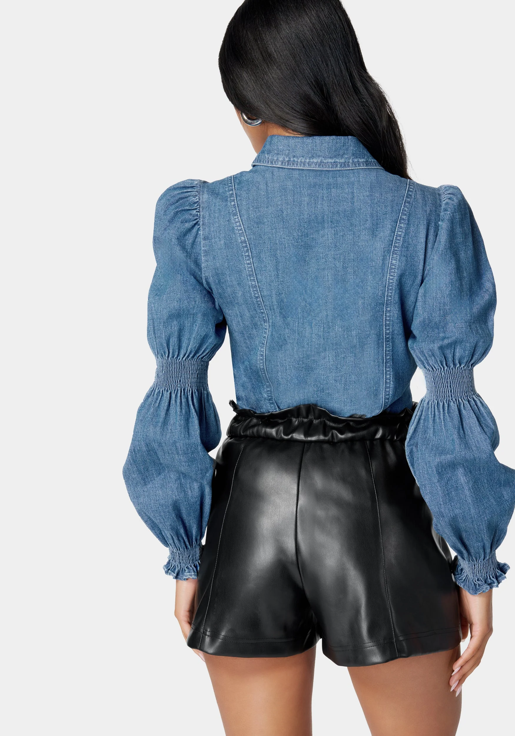 Long Sleeve Smocking Detail Denim Blouse - Image 3