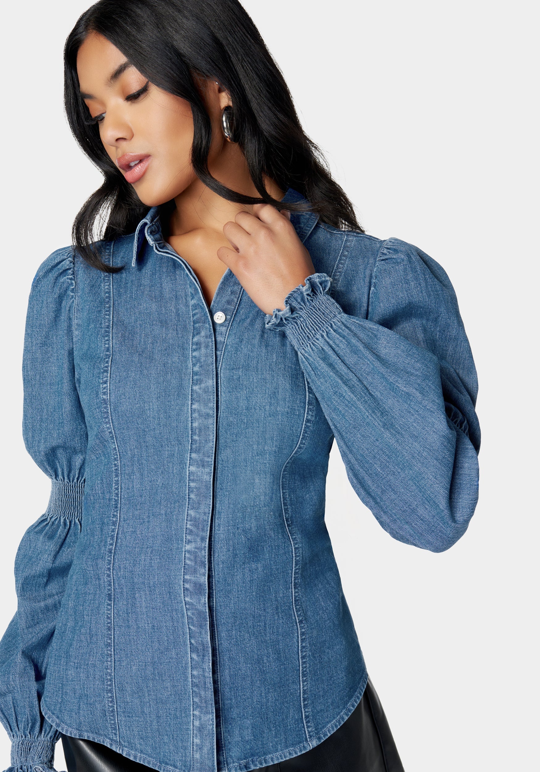 Long Sleeve Smocking Detail Denim Blouse - Image 4