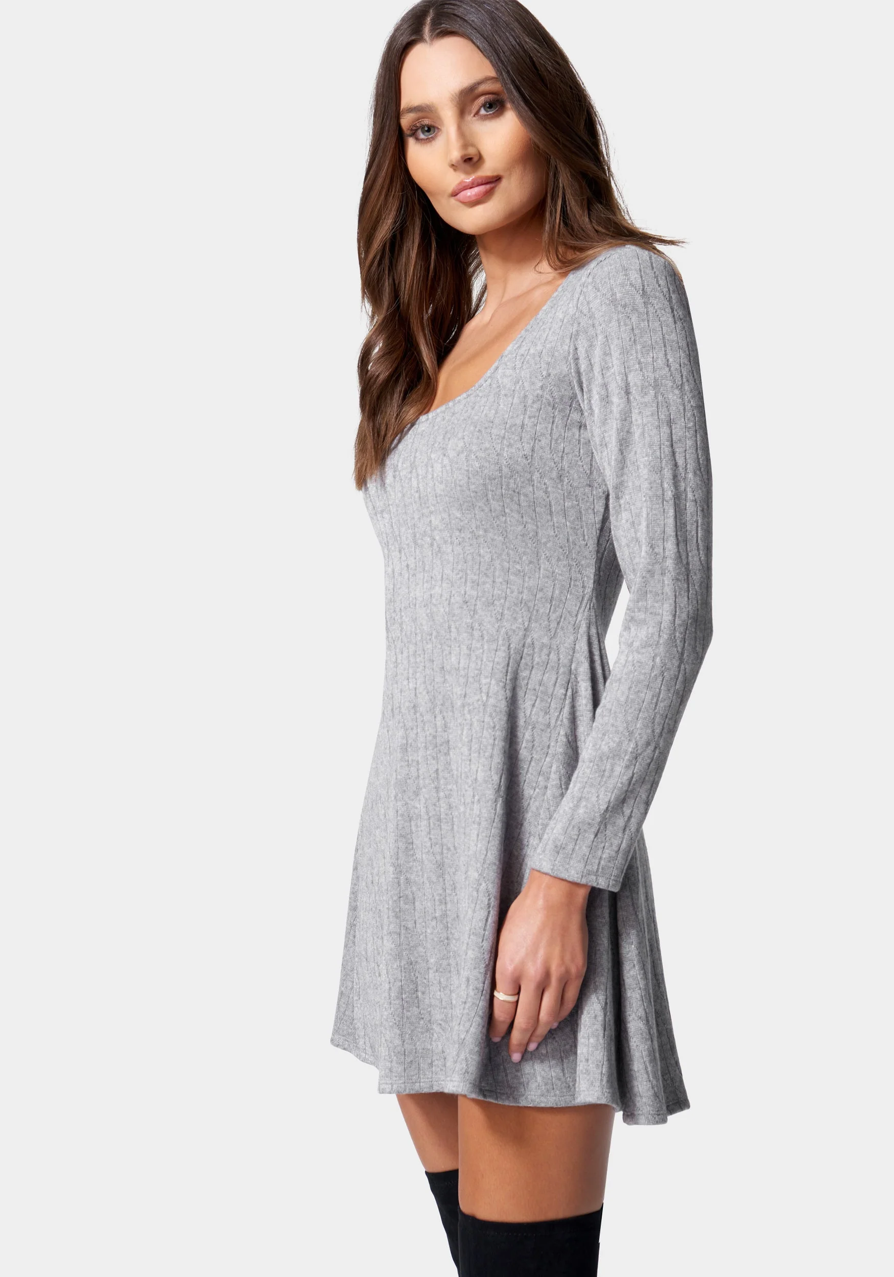 Long Sleeve Square Neck Rib Dress - Image 2
