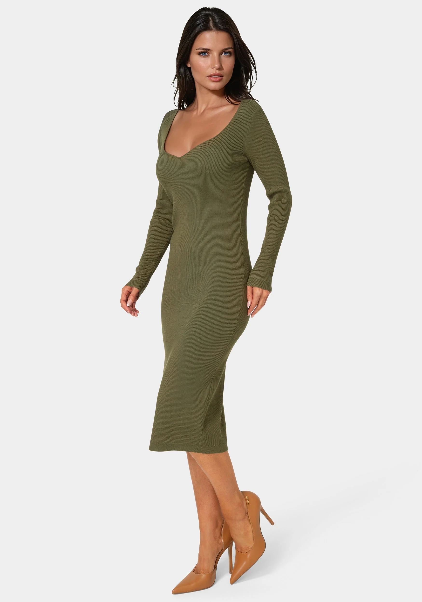 Long Sleeve V-Neck Midi Sweater Dress - Image 2