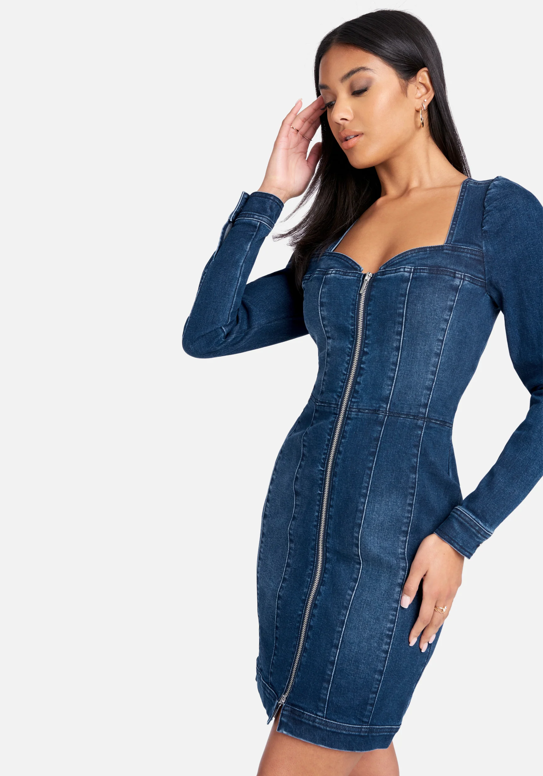 Long Sleeve Zip Front Bustier Denim Dress - Image 3