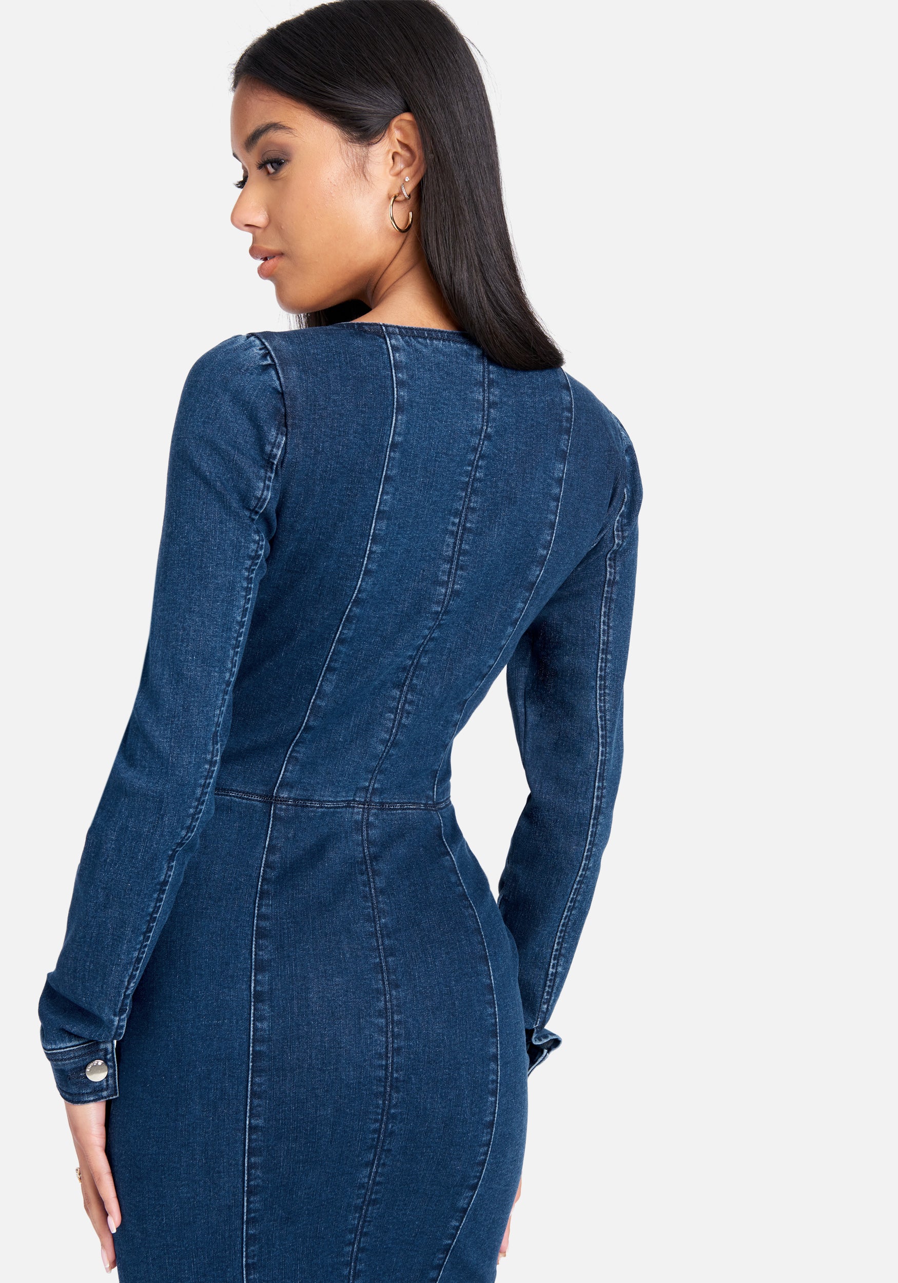 Long Sleeve Zip Front Bustier Denim Dress - Image 4