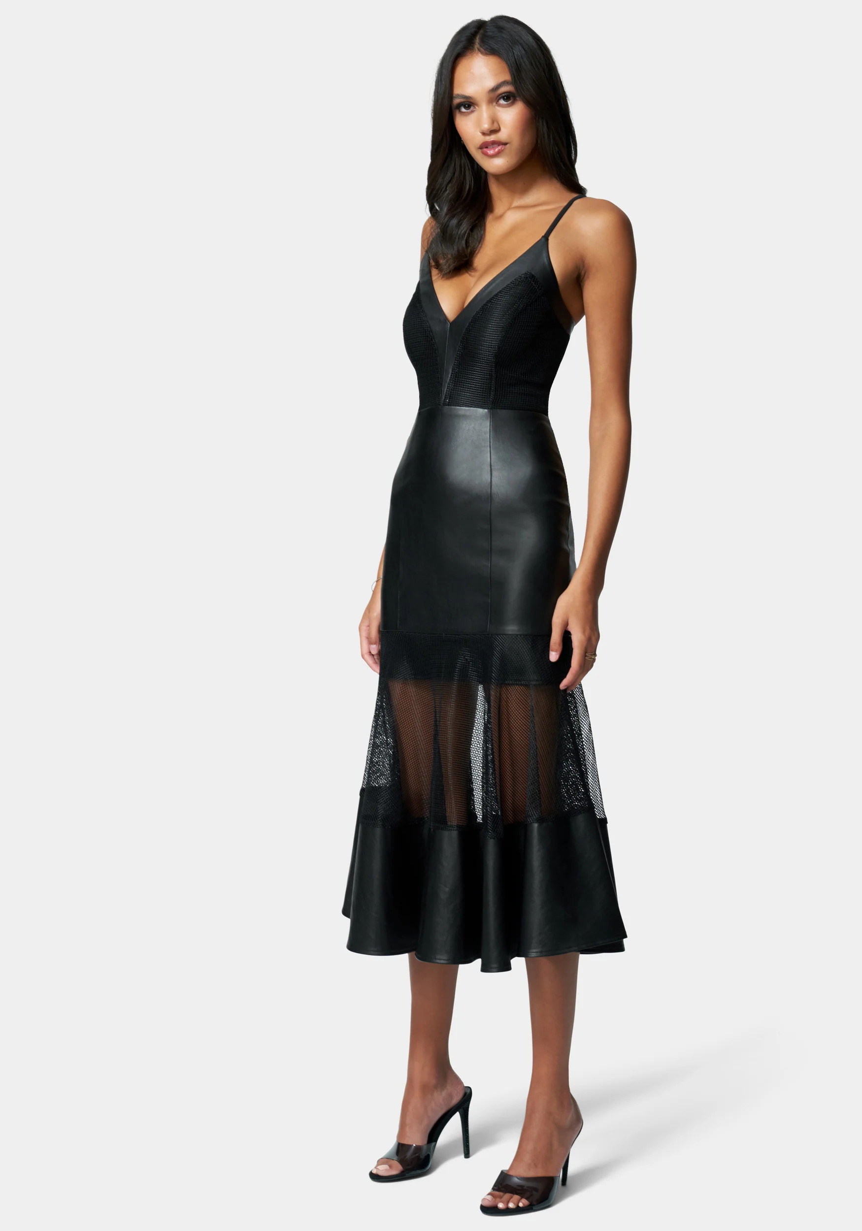 Mesh And Vegan Leather Flare Dress - Image 2