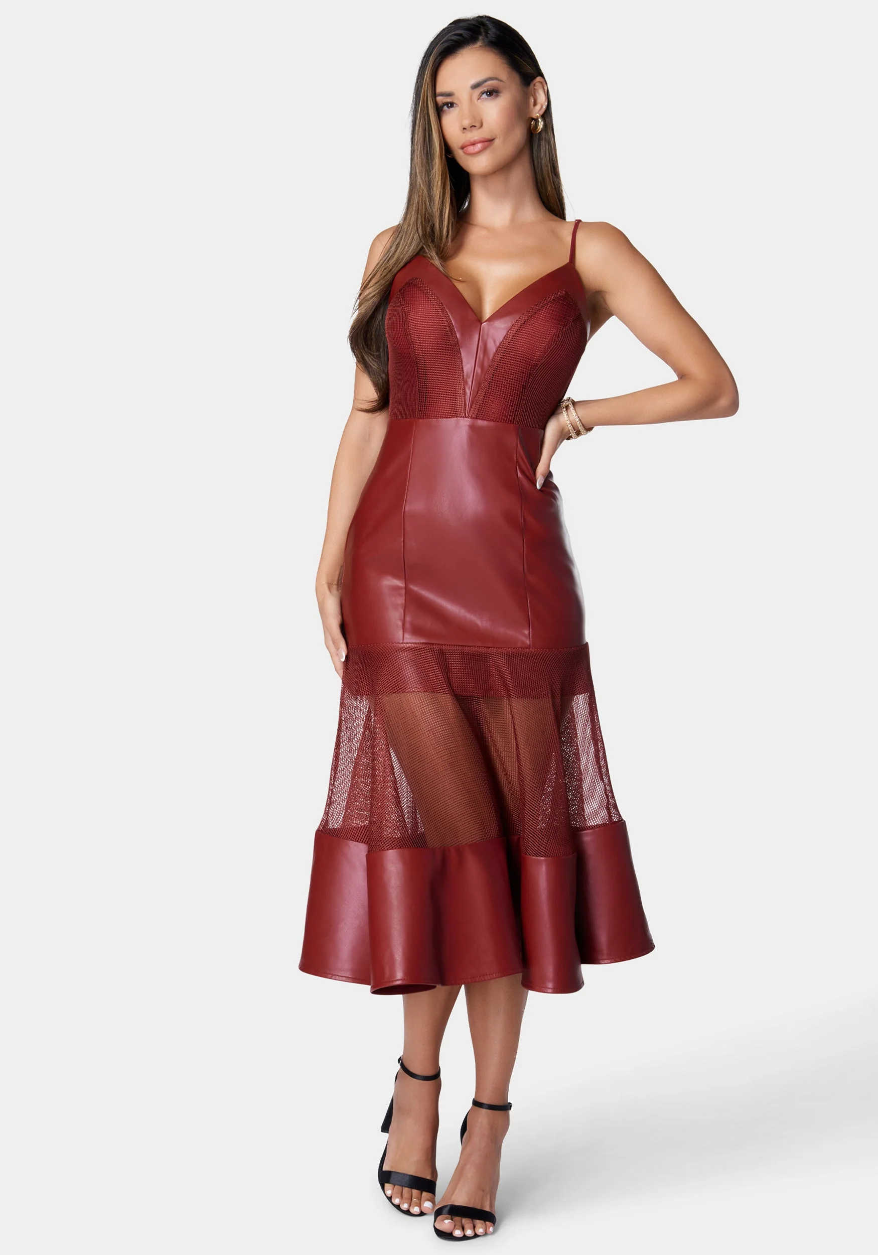 Mesh And Faux Leather Flare Dress - Image 2