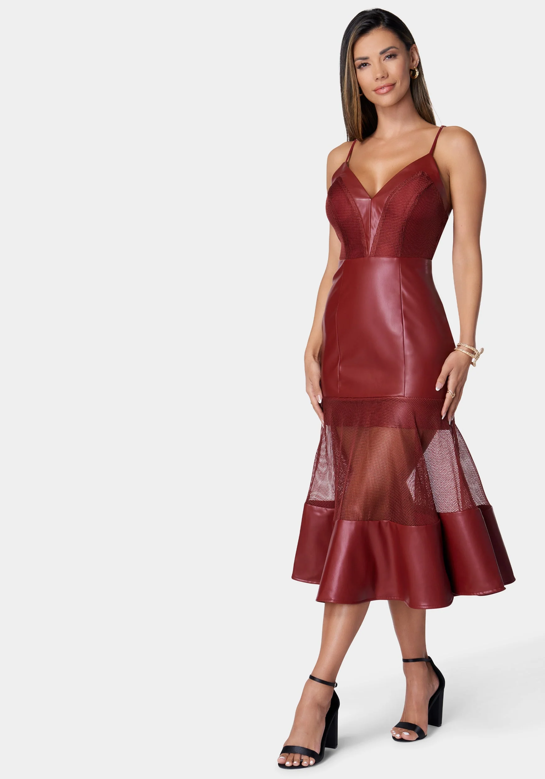 Mesh And Faux Leather Flare Dress - Image 3