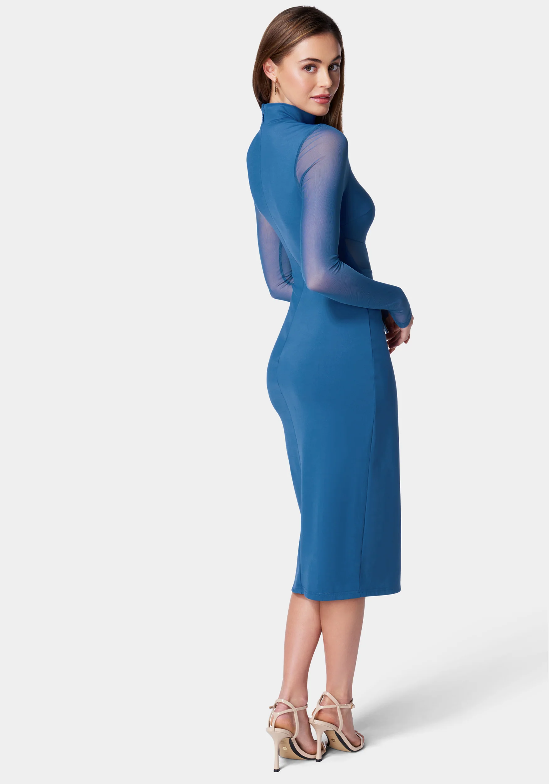 Mesh Inset Long Sleeve Midi Dress - Image 3