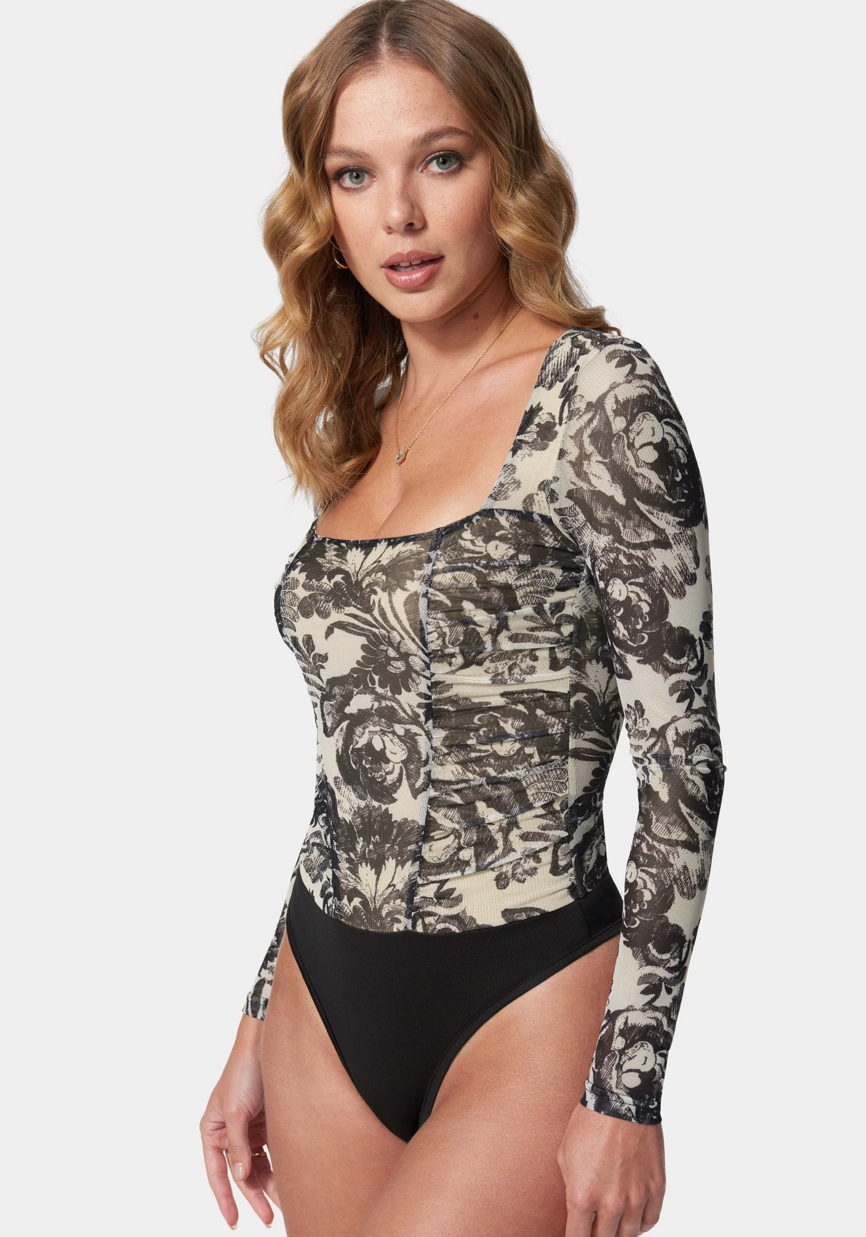 Mesh Long Sleeve Ruched Bodysuit - Image 2