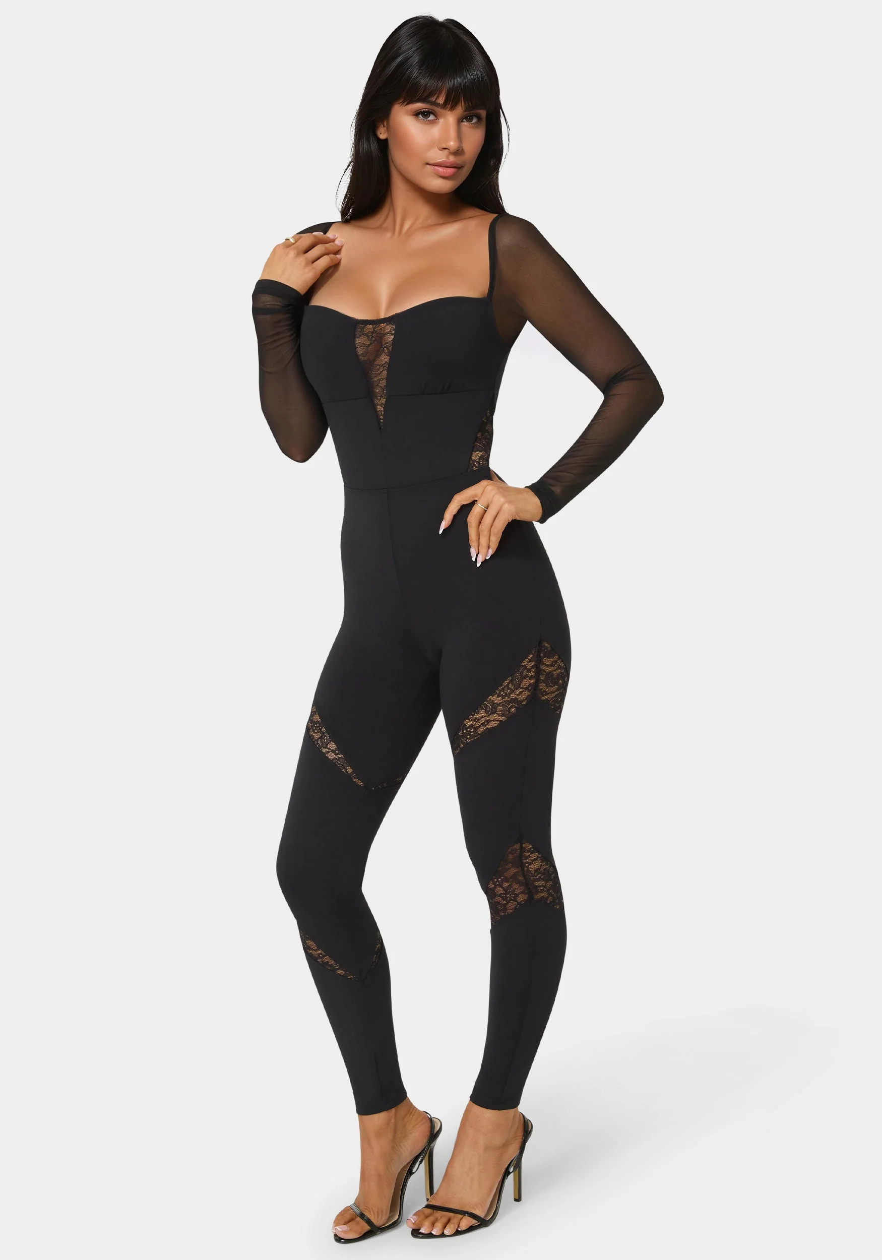 Mesh Sleeve Lace Insert Catsuit - Image 2