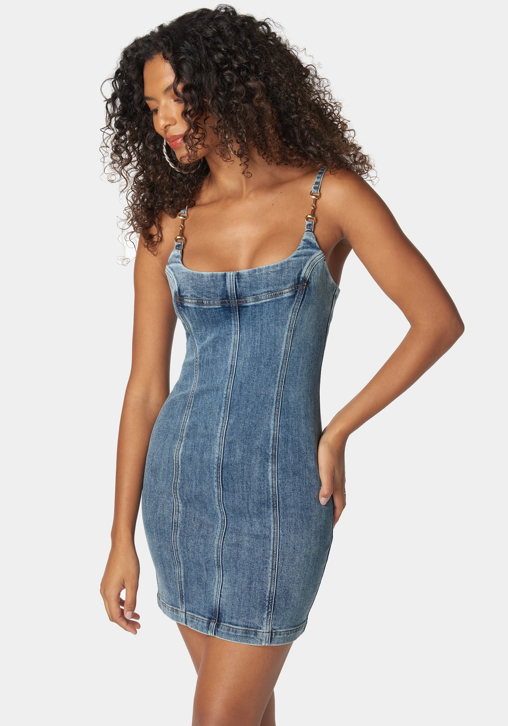 Metal Strap Detail Fitted Denim Dress - Image 2