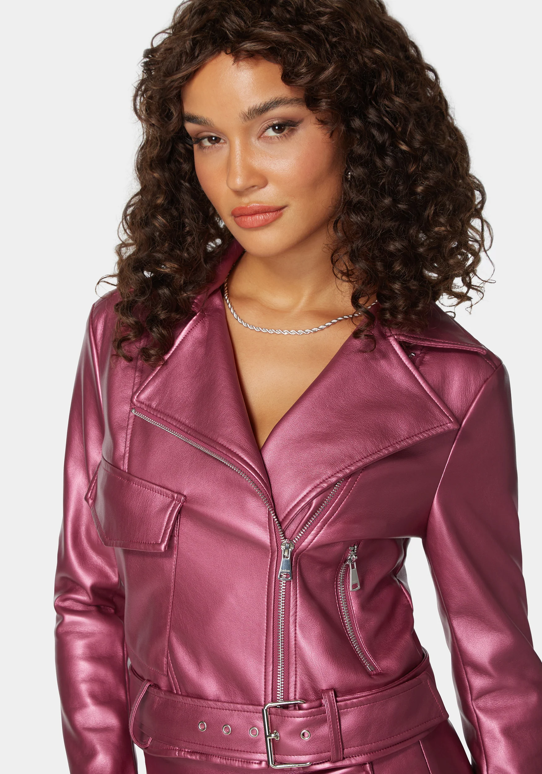 Metallic Vegan Leather Zipper Detail Moto Jacket - Image 4