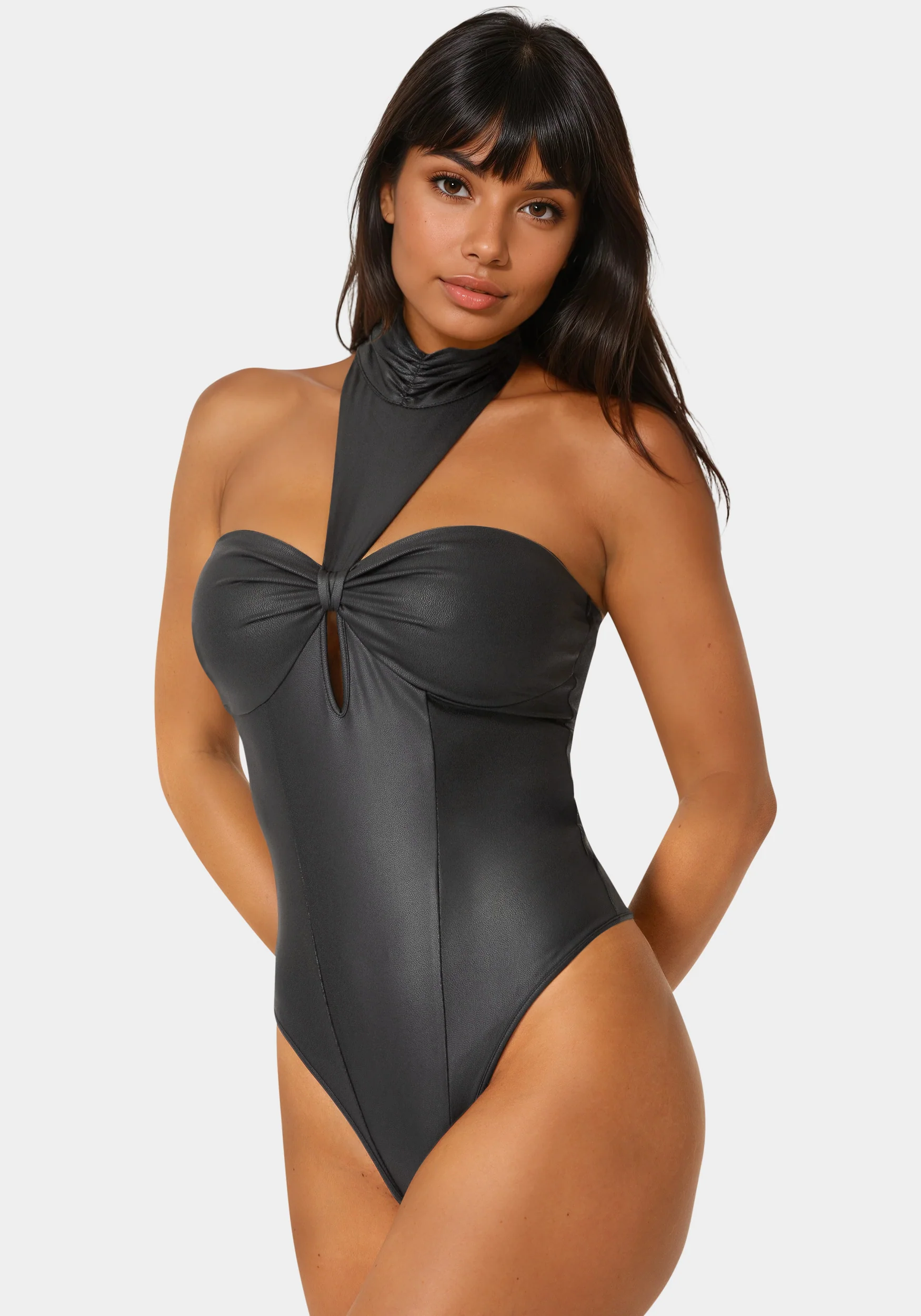 Mock Neck Halter Coated Knit Bodysuit - Image 2