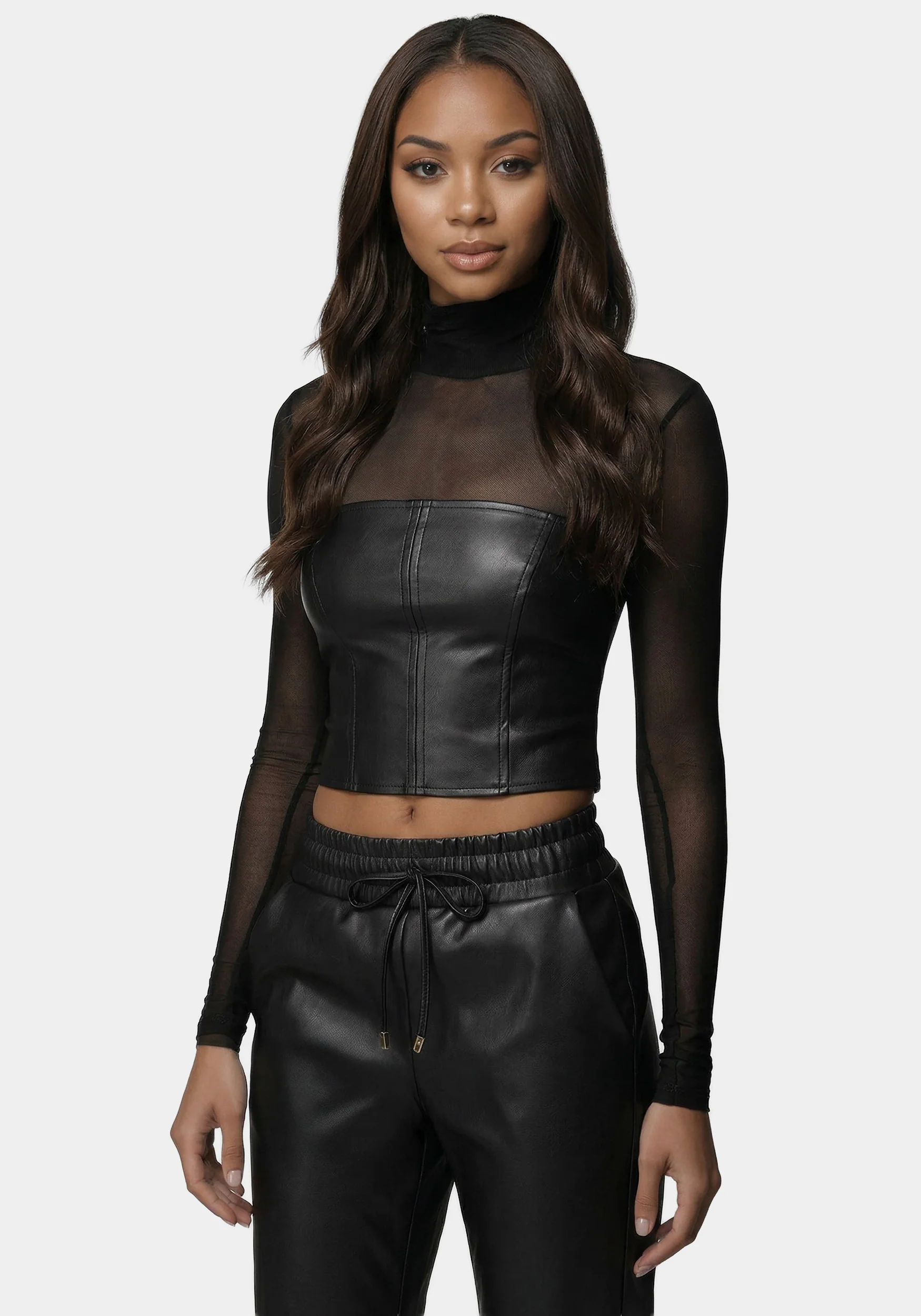 Mock Neck Mesh Combo Vegan Leather Top