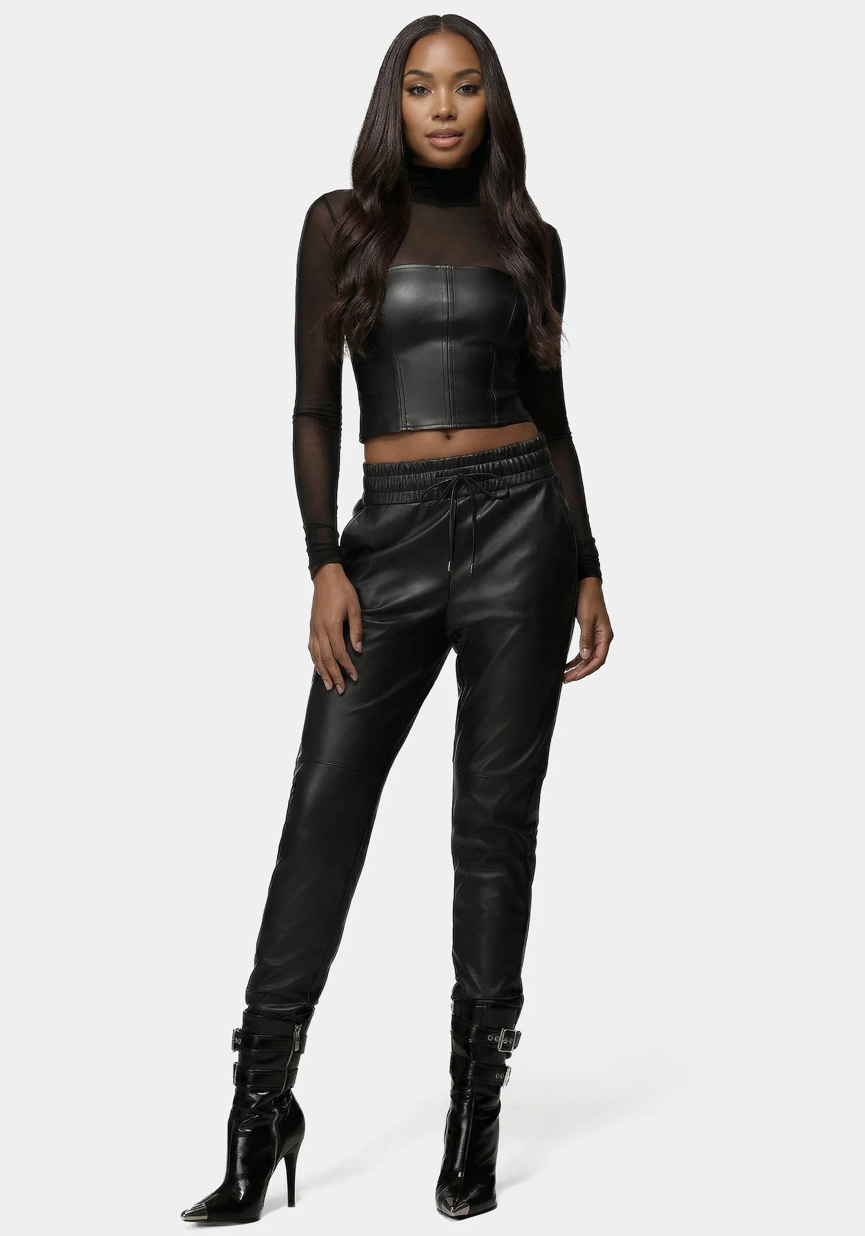 Mock Neck Mesh Combo Vegan Leather Top - Image 3