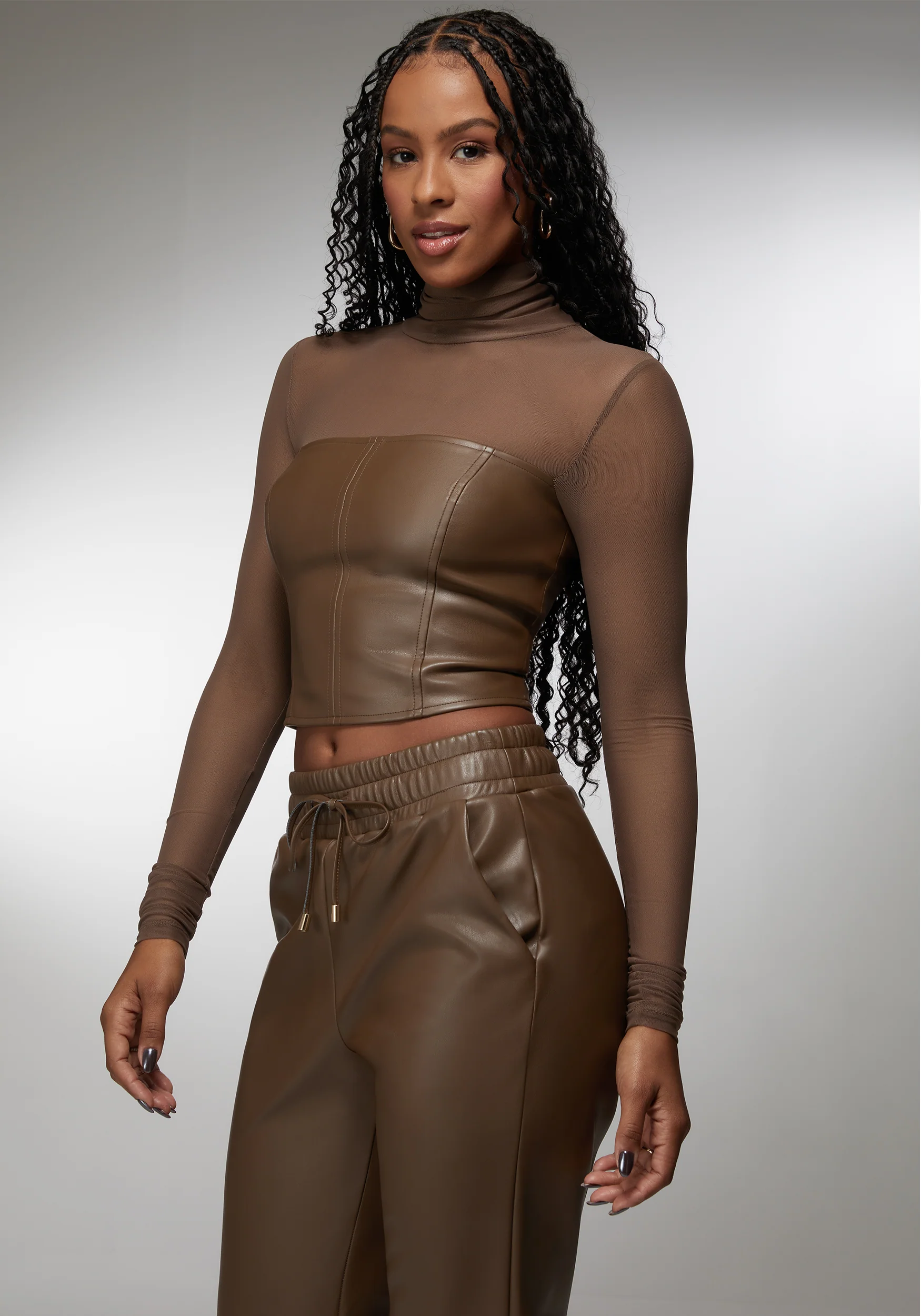 Mock Neck Mesh Combo Vegan Leather Top - Image 2