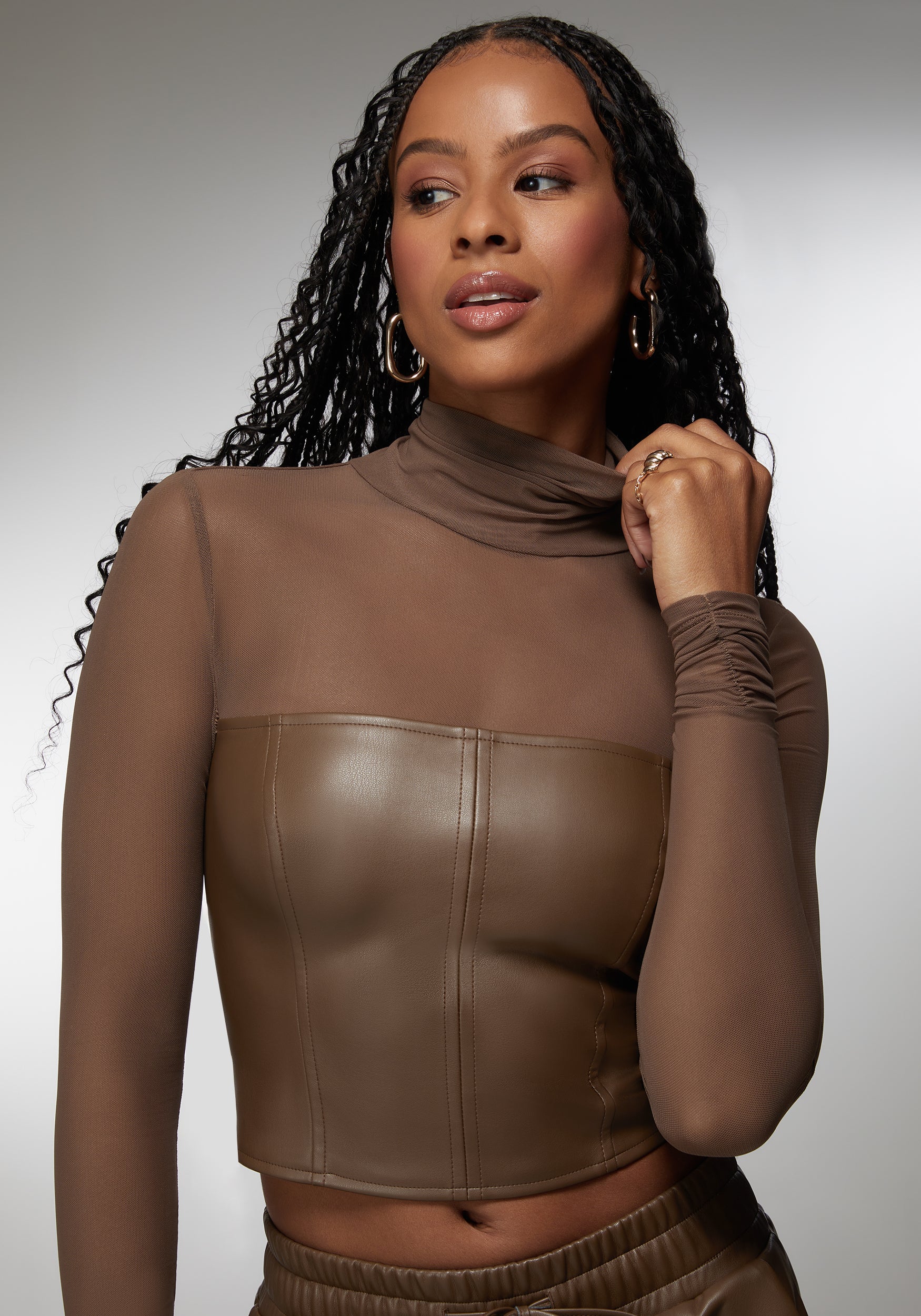 Mock Neck Mesh Combo Vegan Leather Top - Image 4
