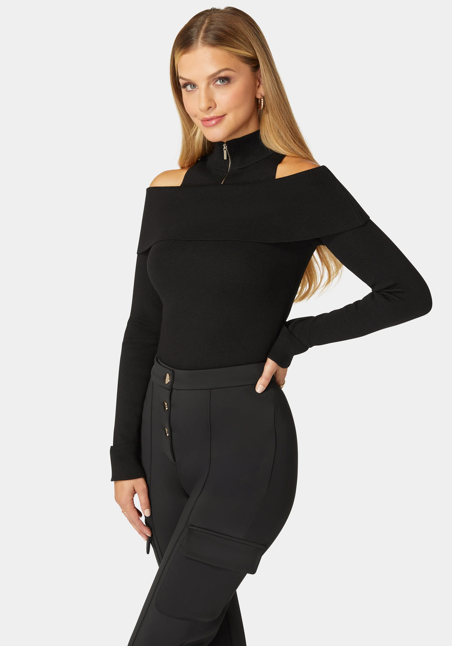 Mock Neck Zip Detail Cold Shoulder Sweater - Image 2
