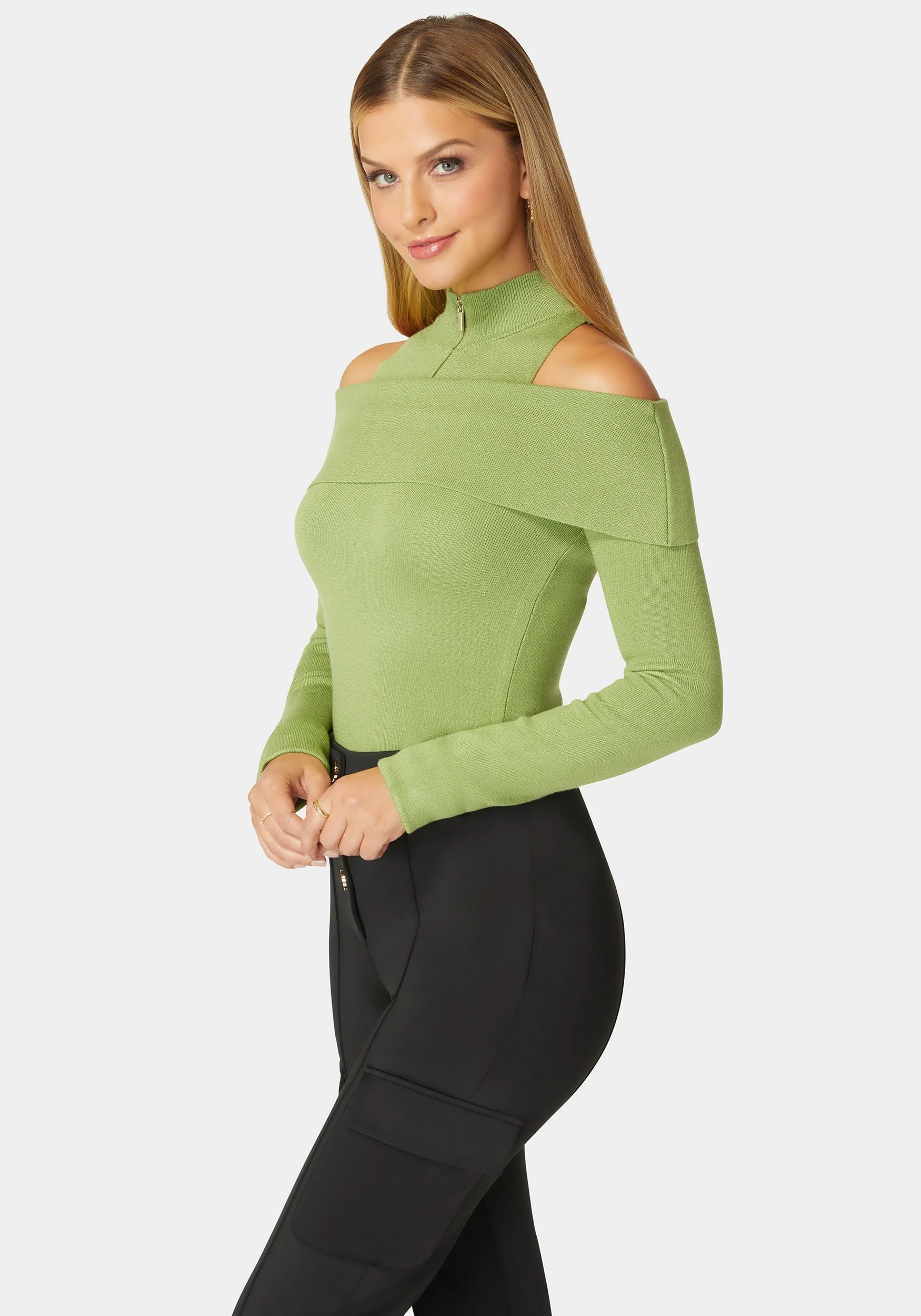 Mock Neck Zip Detail Cold Shoulder Sweater - Image 2