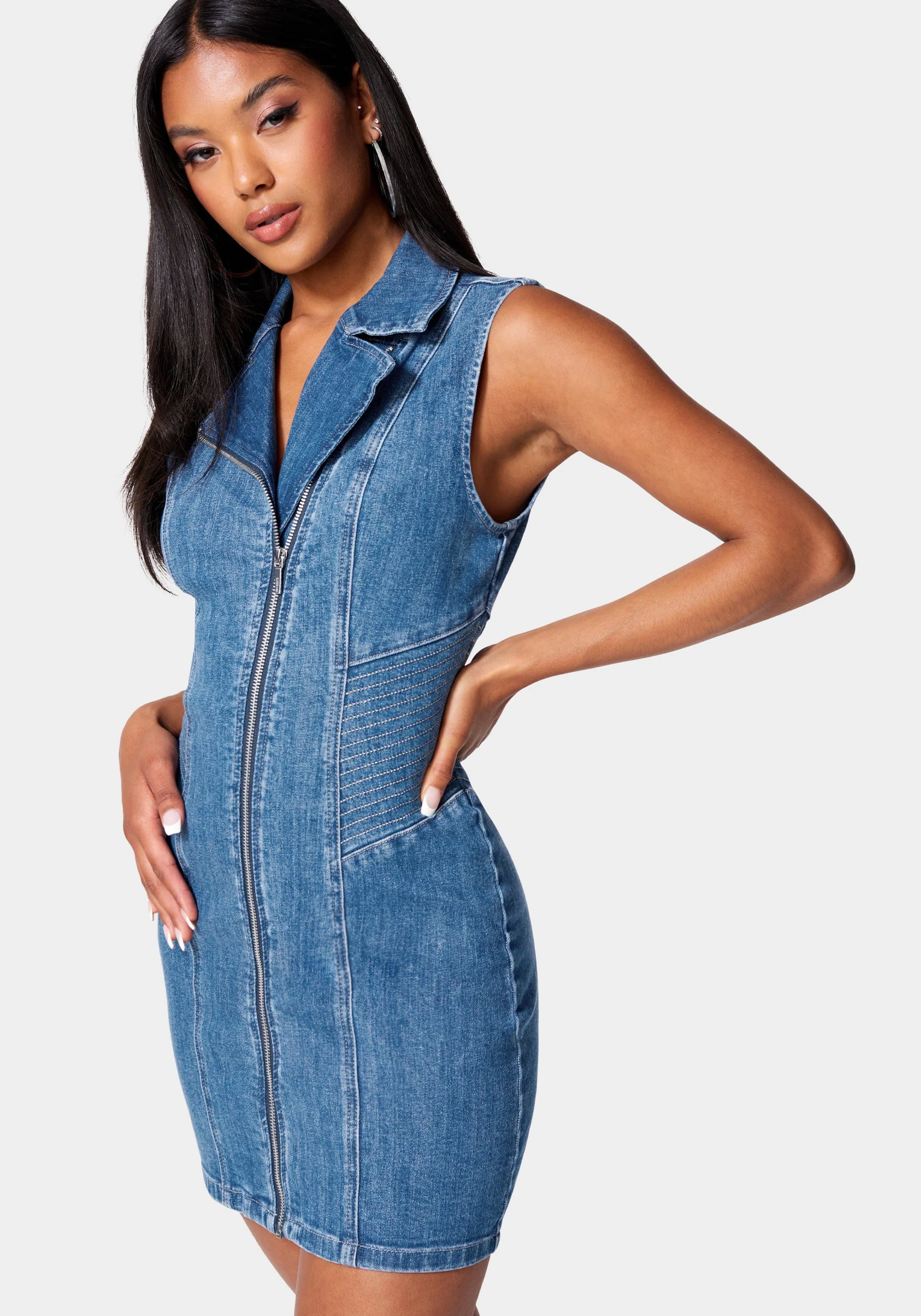Multi Stitch Asymmetrical Zipper Denim Dress - Image 2