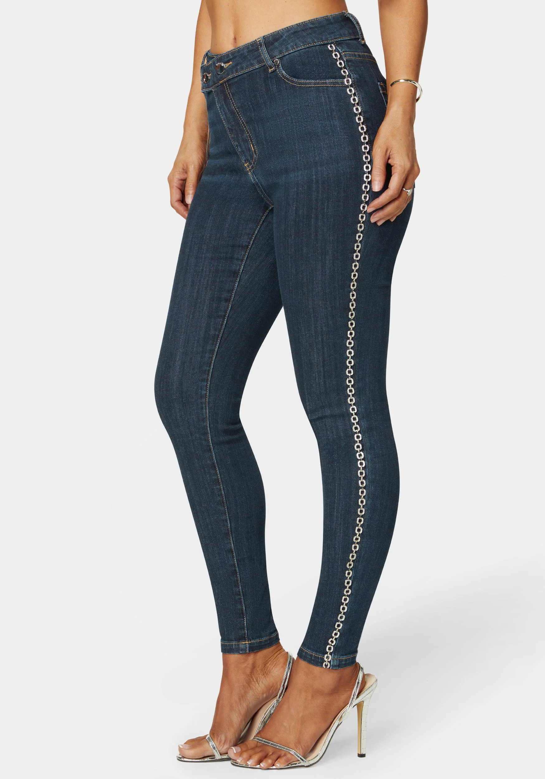 Natural Waist Chain Detail Skinny Leg Jeans