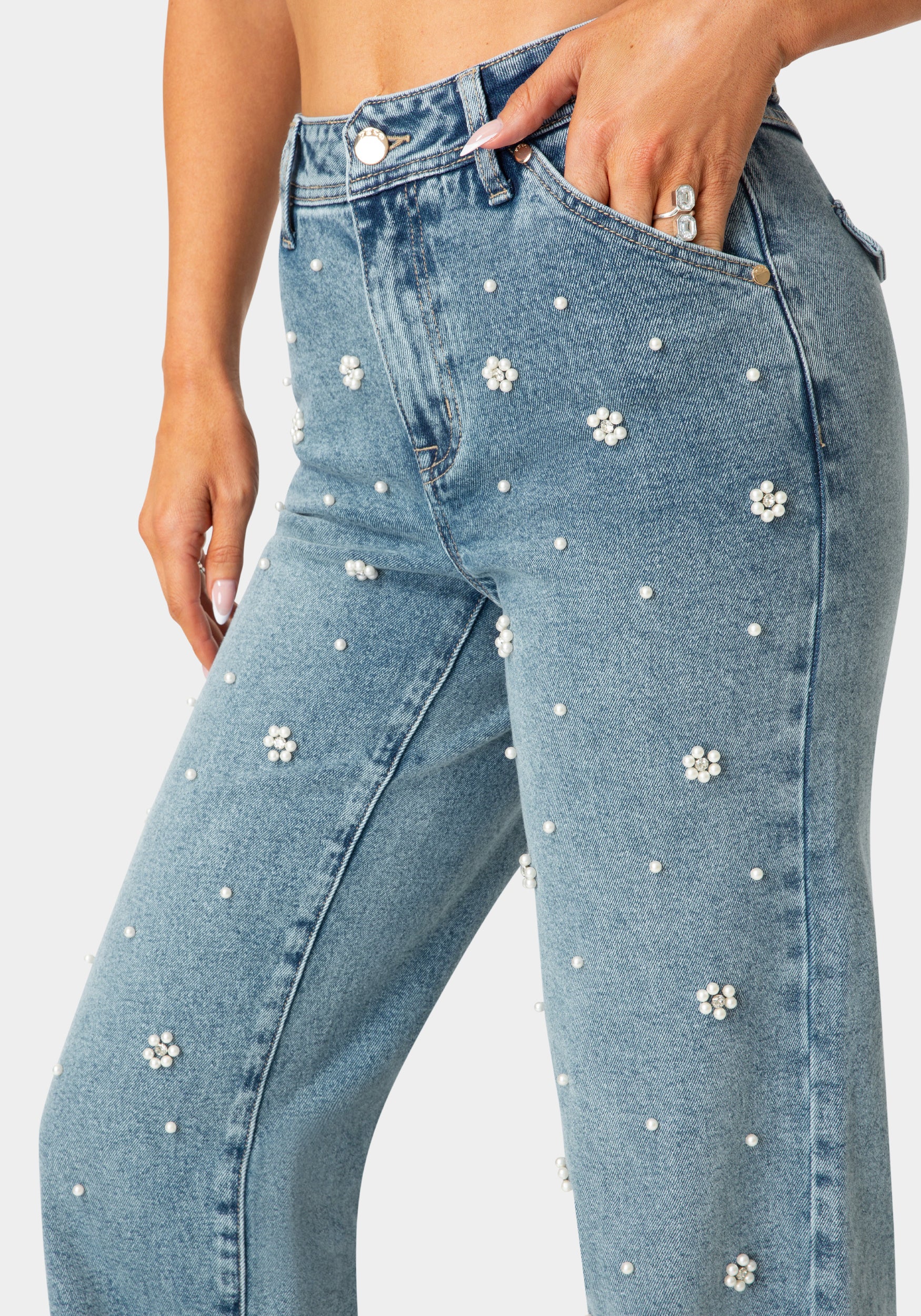 Natural Waist Embellished Wide Leg Jeans - Image 4