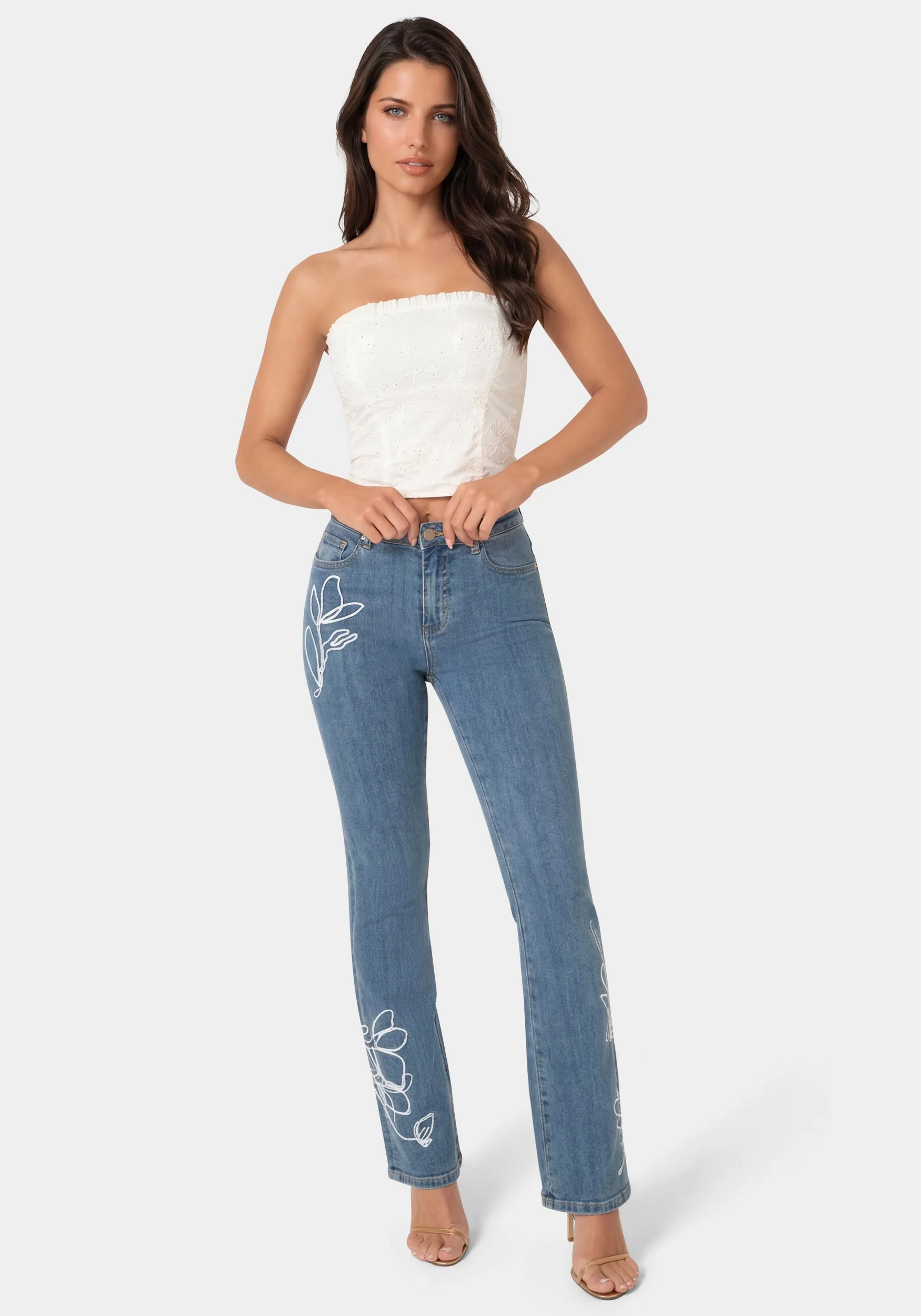 Natural Waist Embroidered Straight Leg Jeans - Image 3