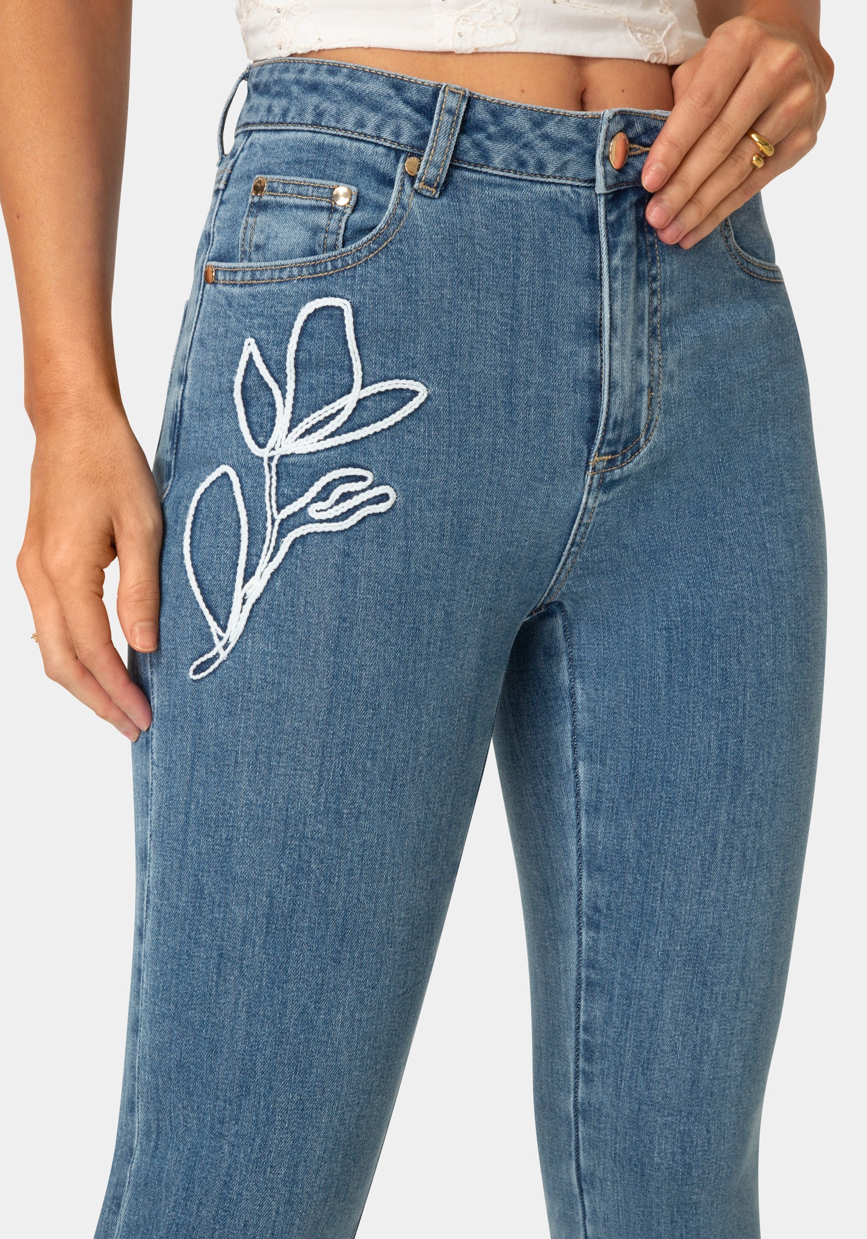 Natural Waist Embroidered Straight Leg Jeans - Image 4