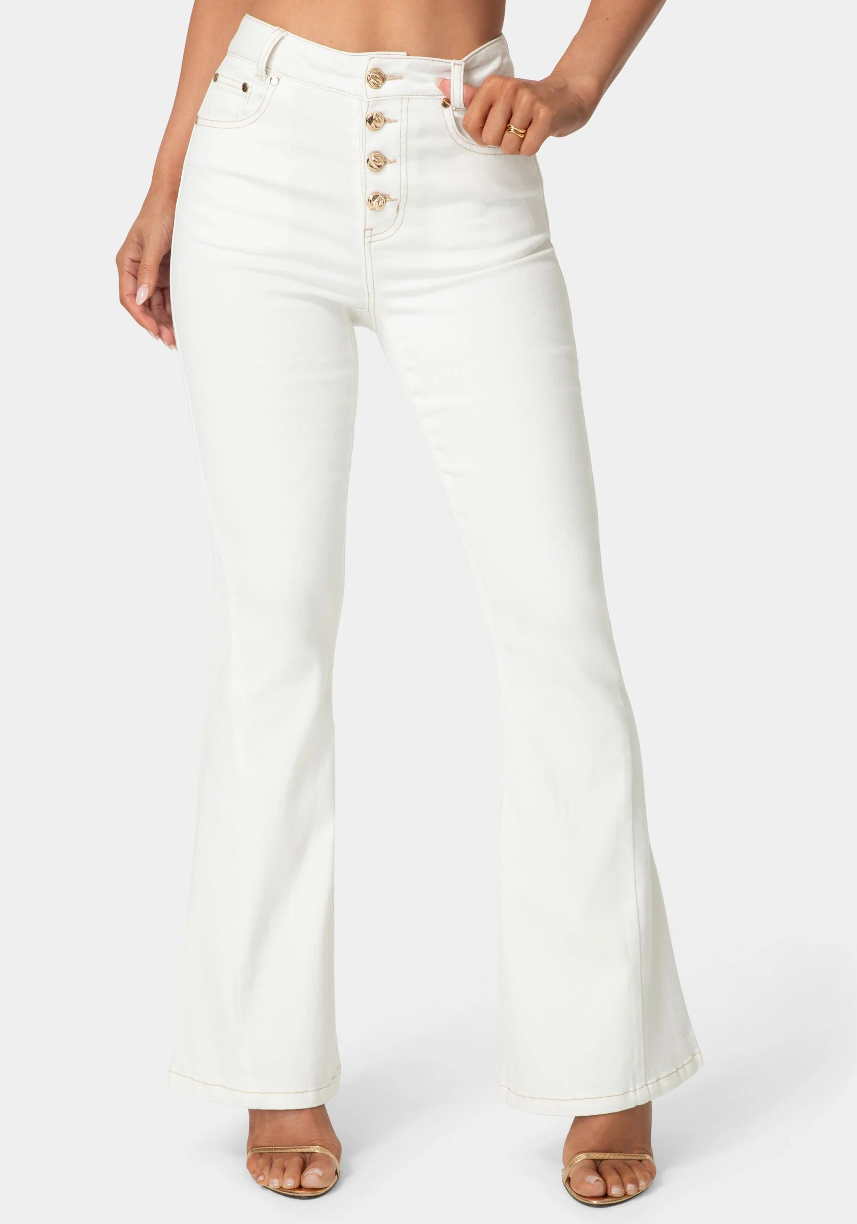 Natural Waist Flared White Jeans