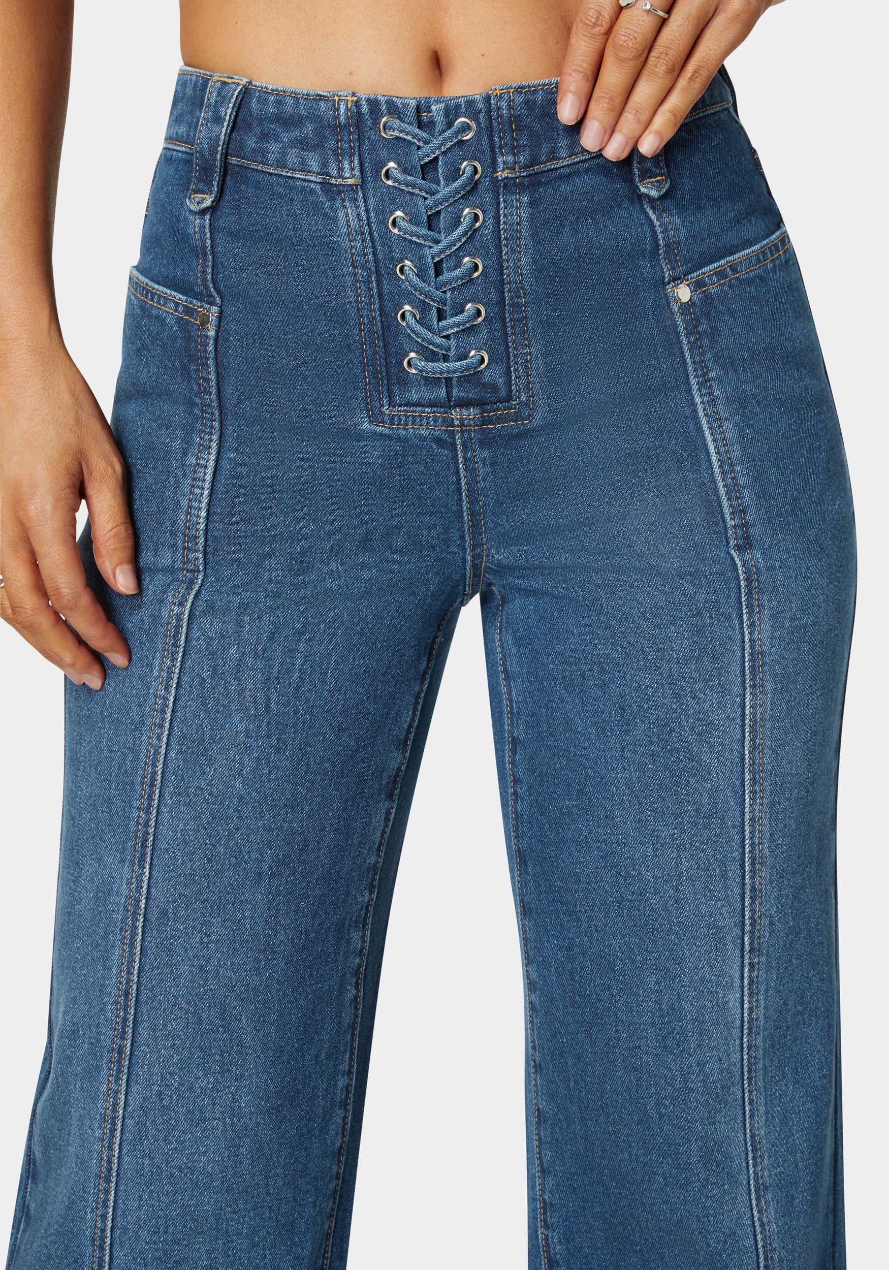Natural Waist Lace Up Wide Leg Jeans - Image 3