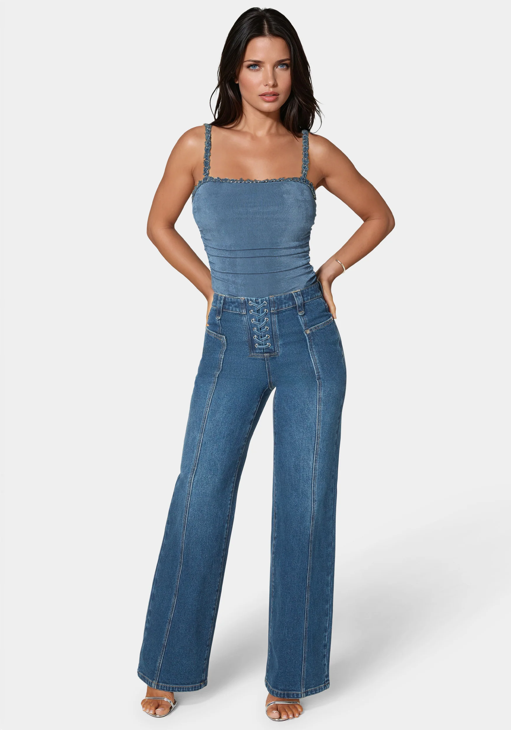 Natural Waist Lace Up Wide Leg Jeans - Image 4