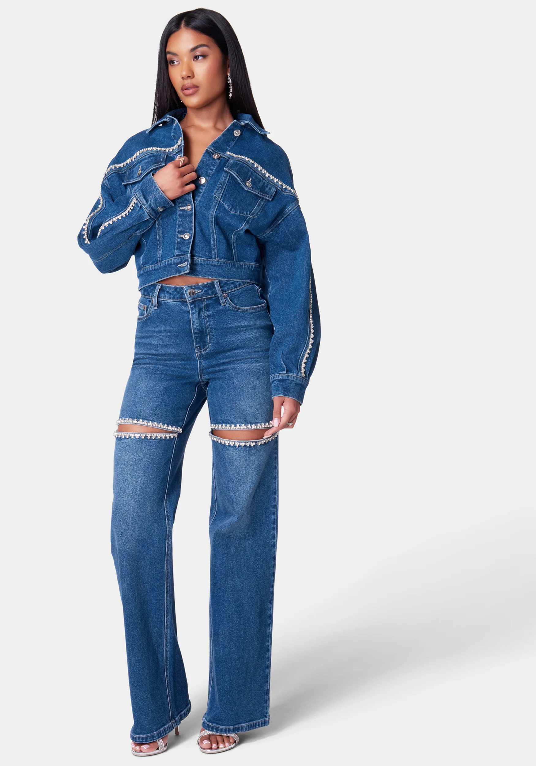 Natural Waist Rhinestone Detail Wide Leg Jean - Image 2