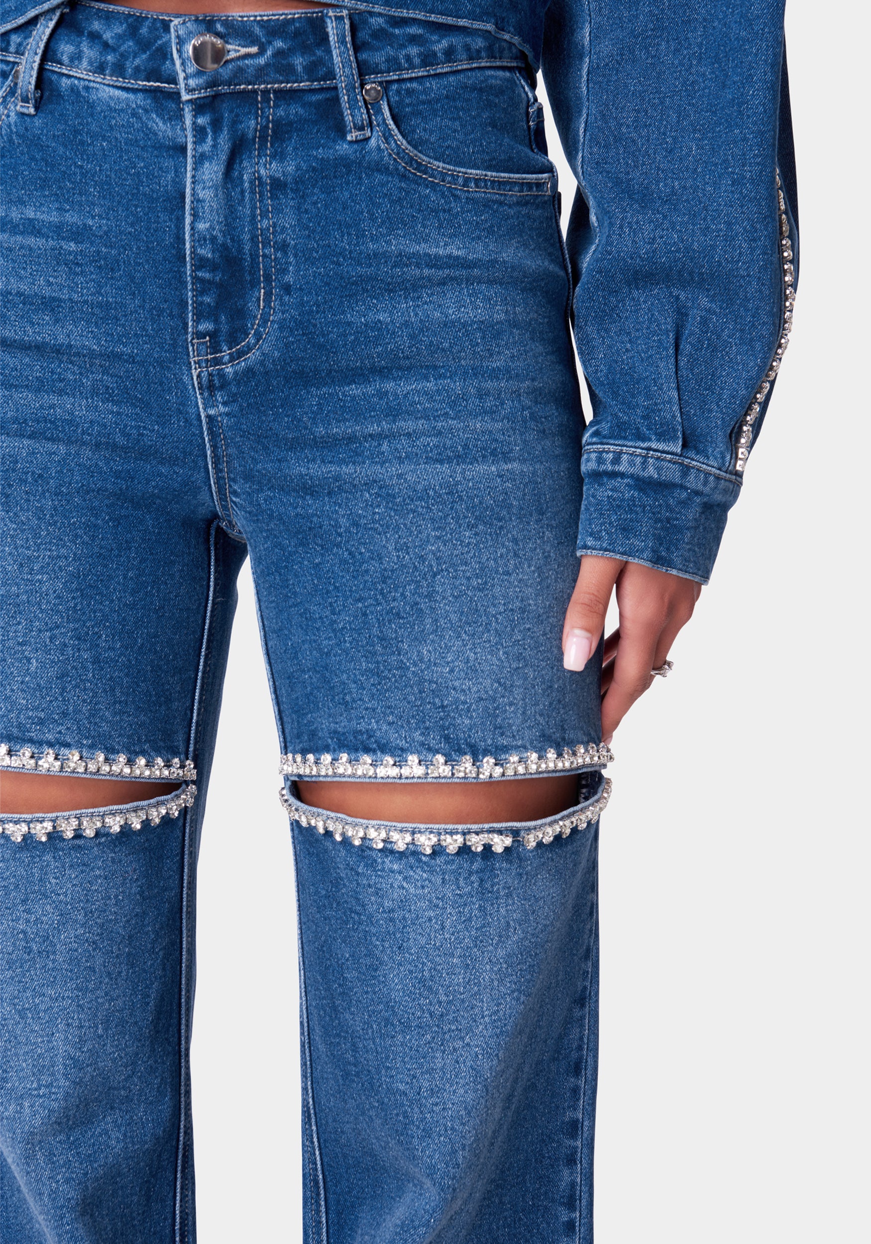 Natural Waist Rhinestone Detail Wide Leg Jean - Image 4